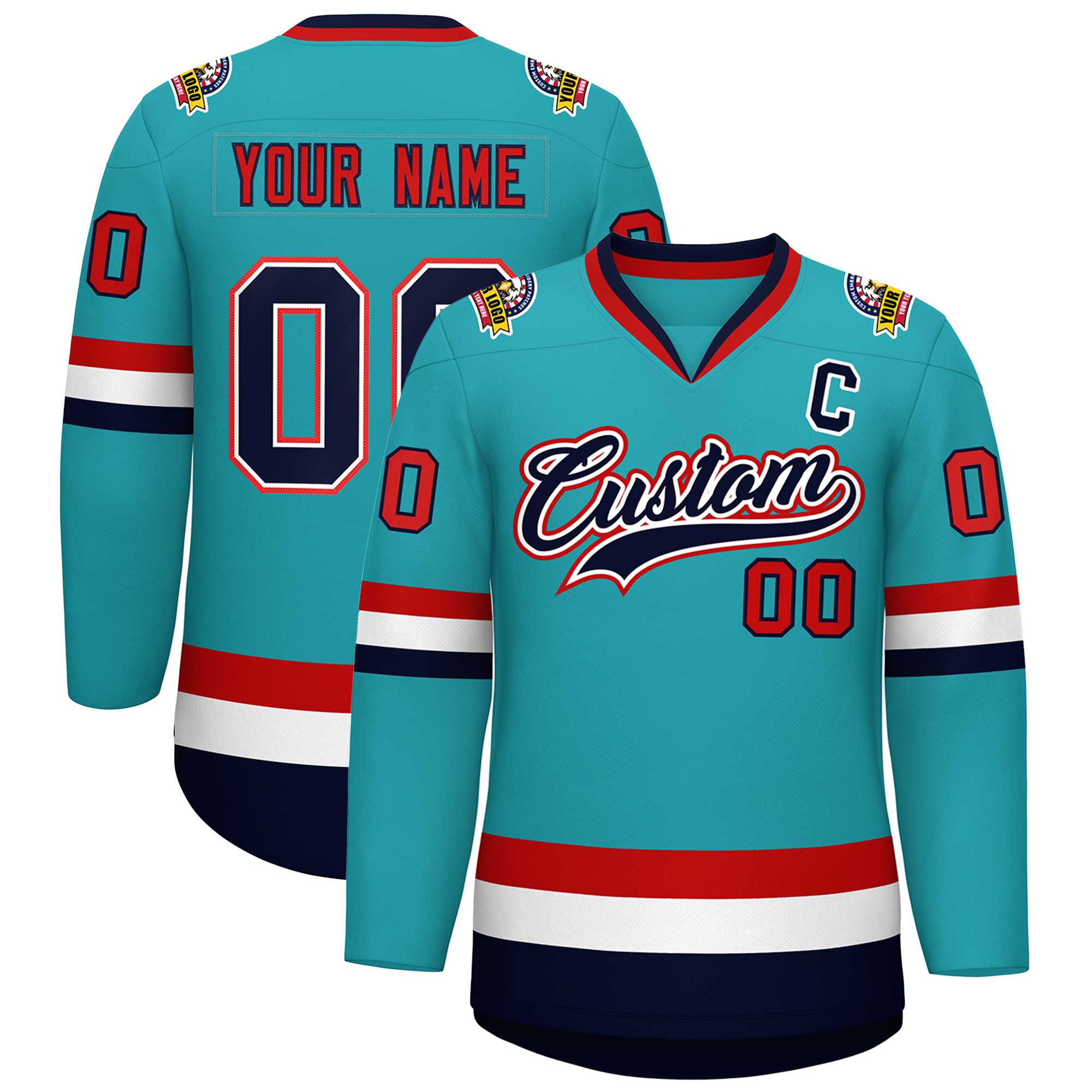 Custom Aqua Navy White-Red Classic Style Hockey Jersey | KXKSHOP