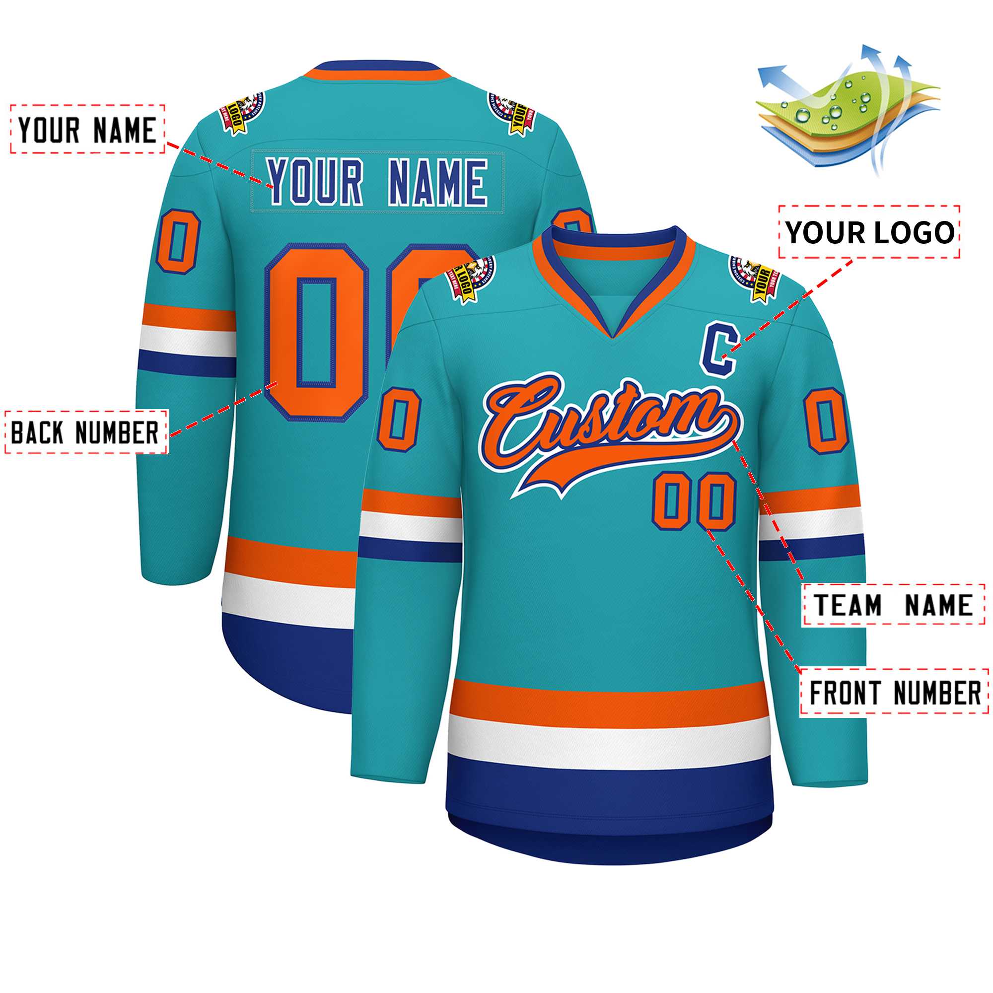 Custom Aqua Orange Royal-White Classic Style Hockey Jersey | KXKSHOP
