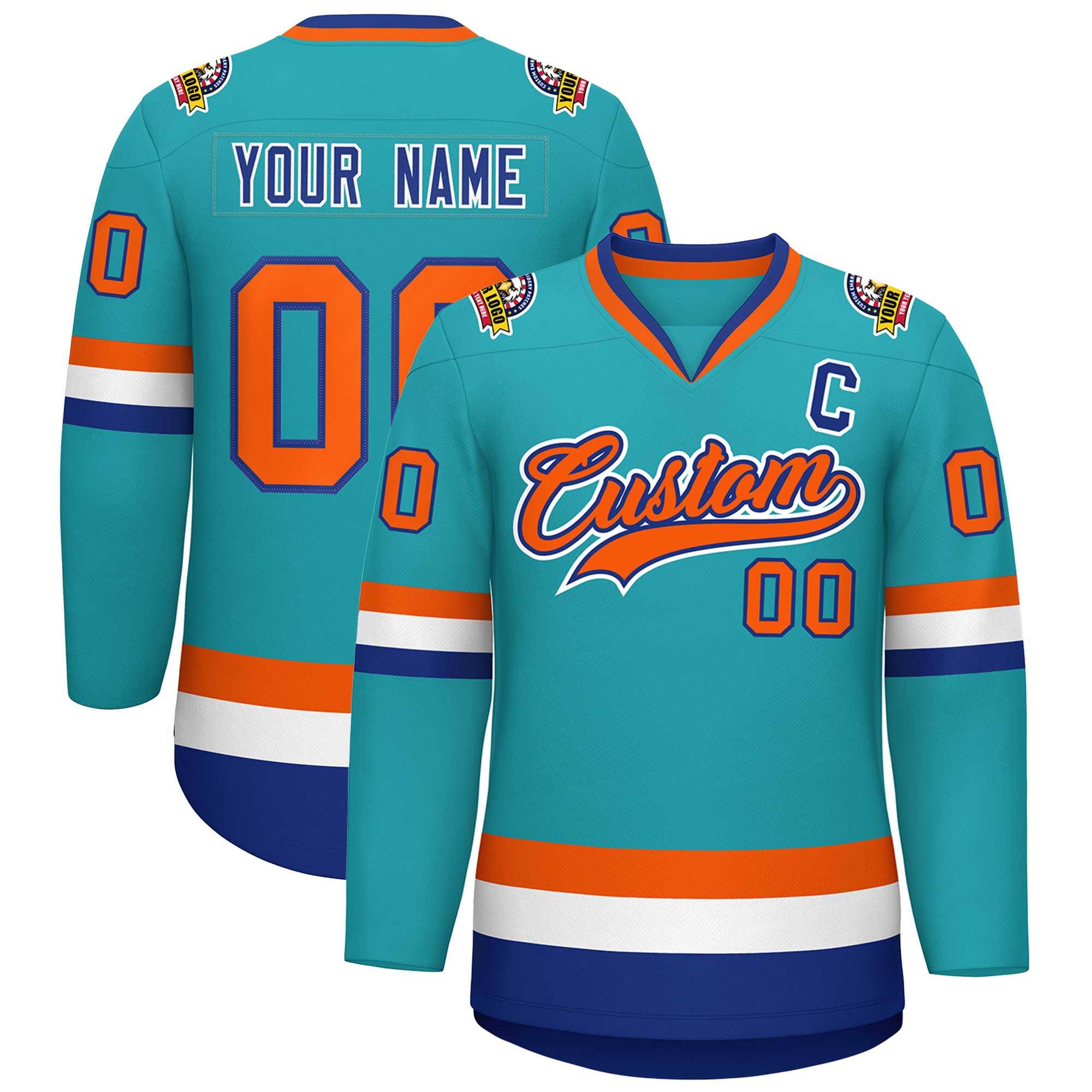 Custom Aqua Orange Royal-White Classic Style Hockey Jersey | KXKSHOP