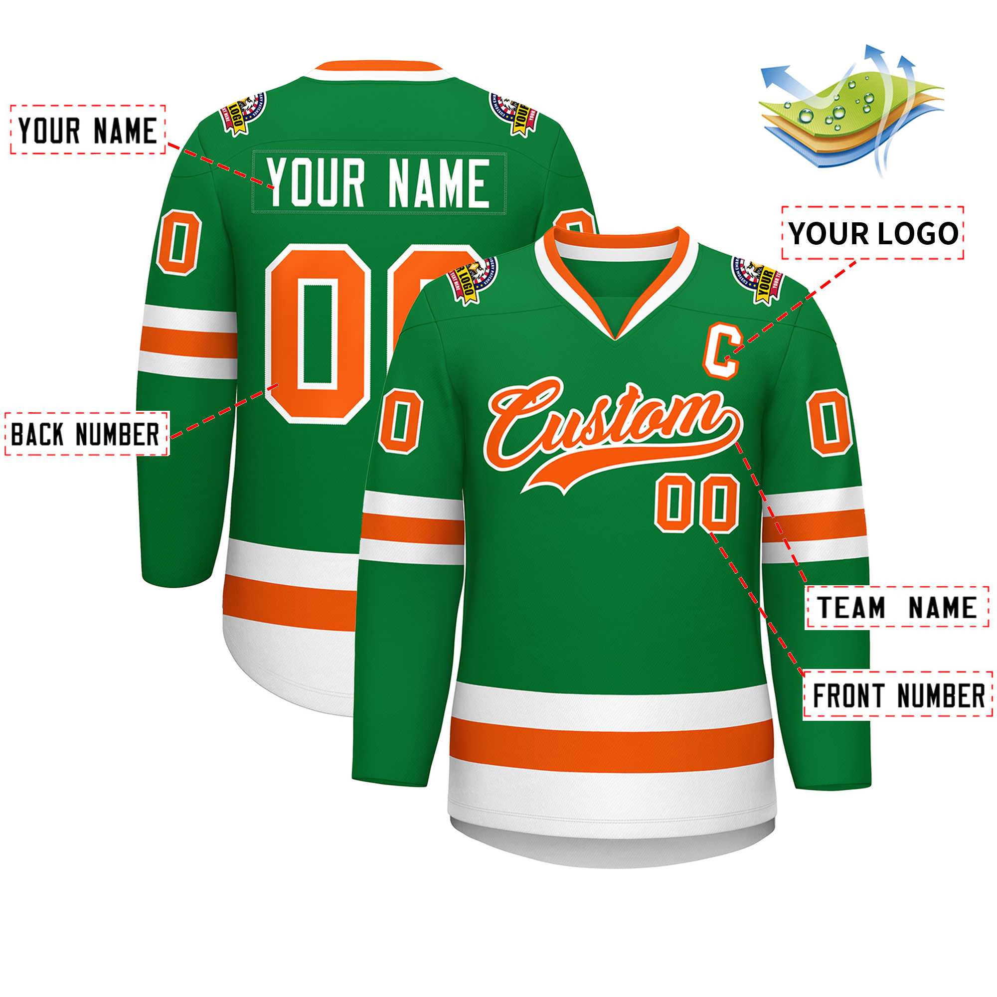 Custom Kelly Green Orange-White Classic Style Hockey Jersey | KXKSHOP