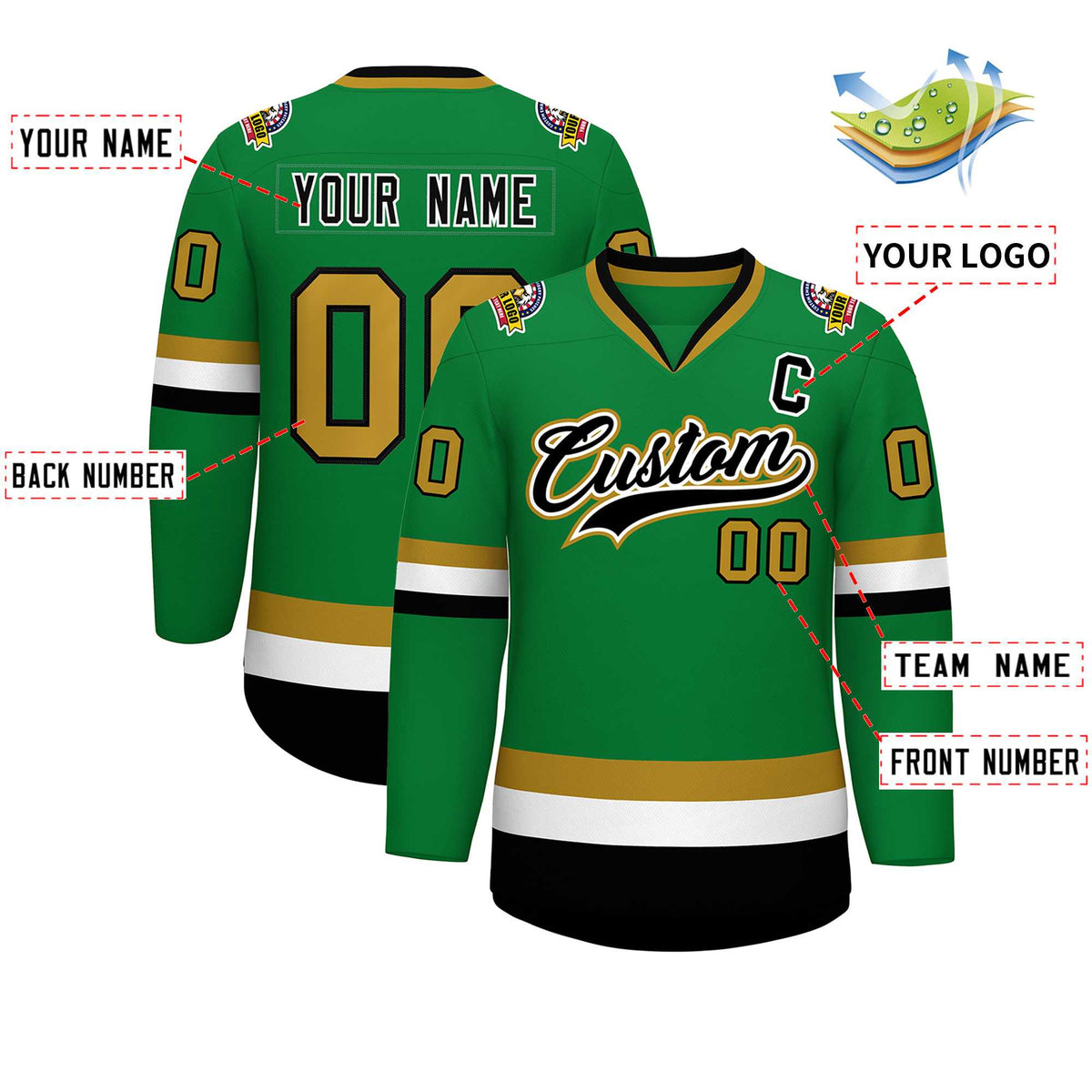 Custom Kelly Green Black White-Old Gold Classic Style Hockey Jersey | KXKSHOP