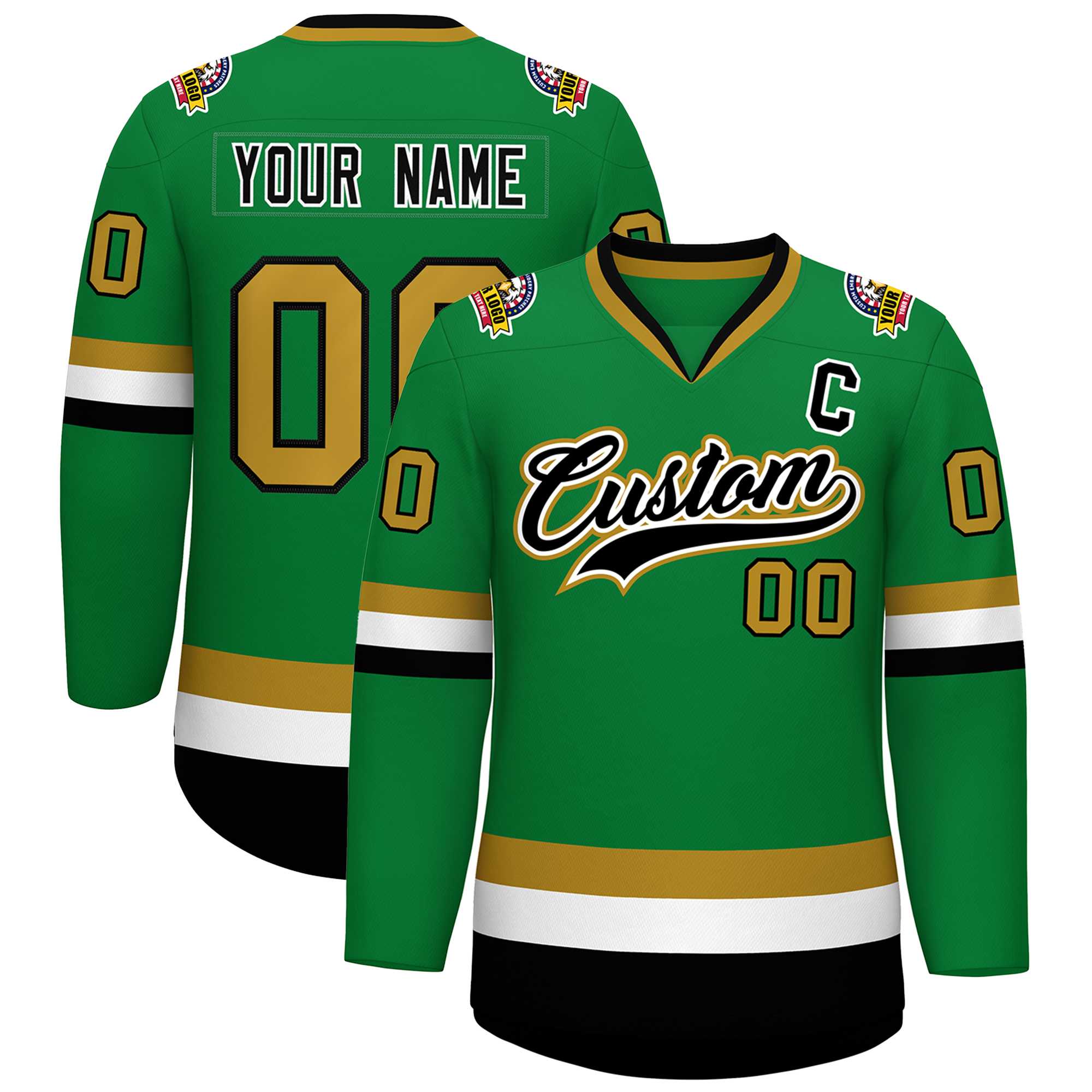 Custom Kelly Green Black White-Old Gold Classic Style Hockey Jersey | KXKSHOP