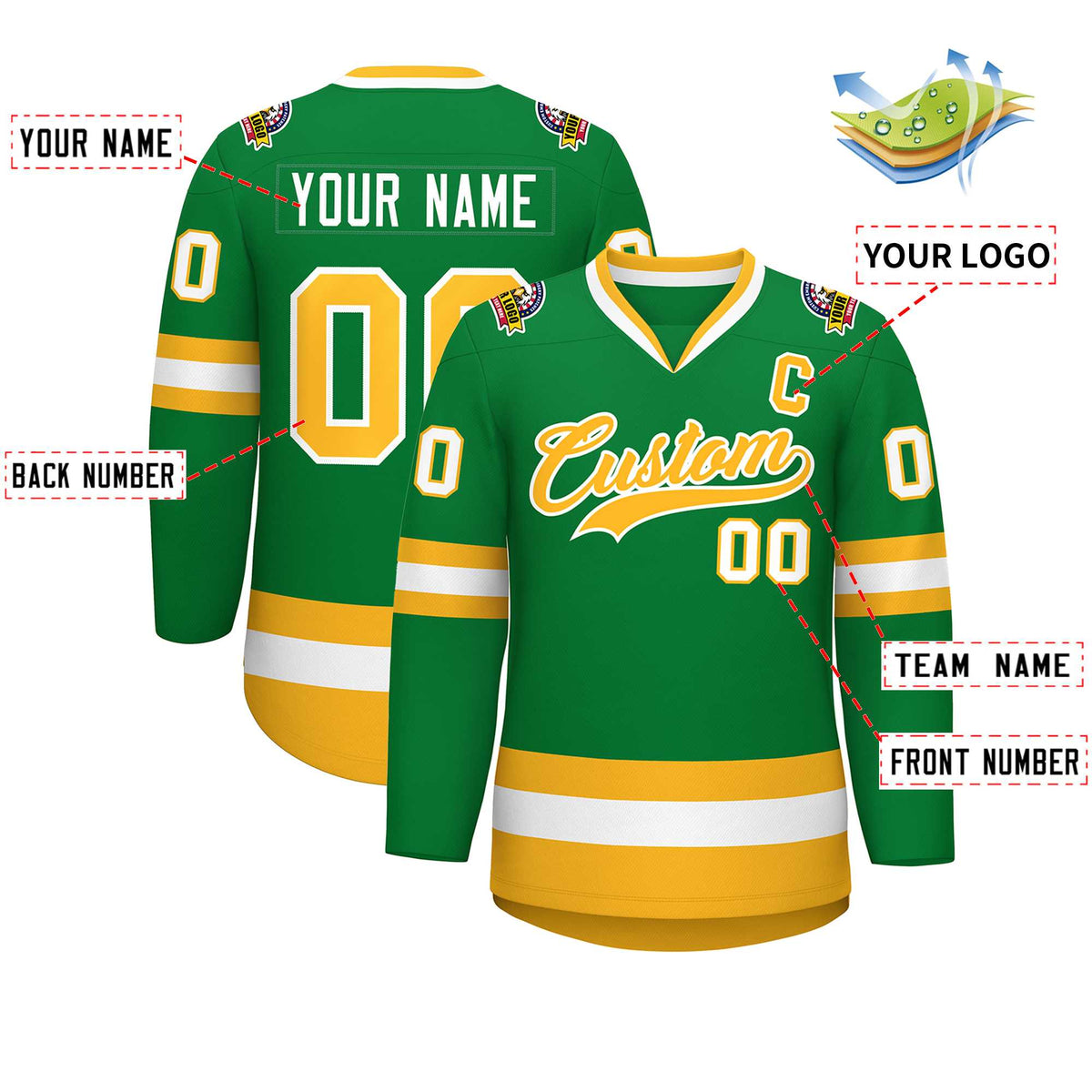 Custom Kelly Green Gold-White Classic Style Hockey Jersey | KXKSHOP
