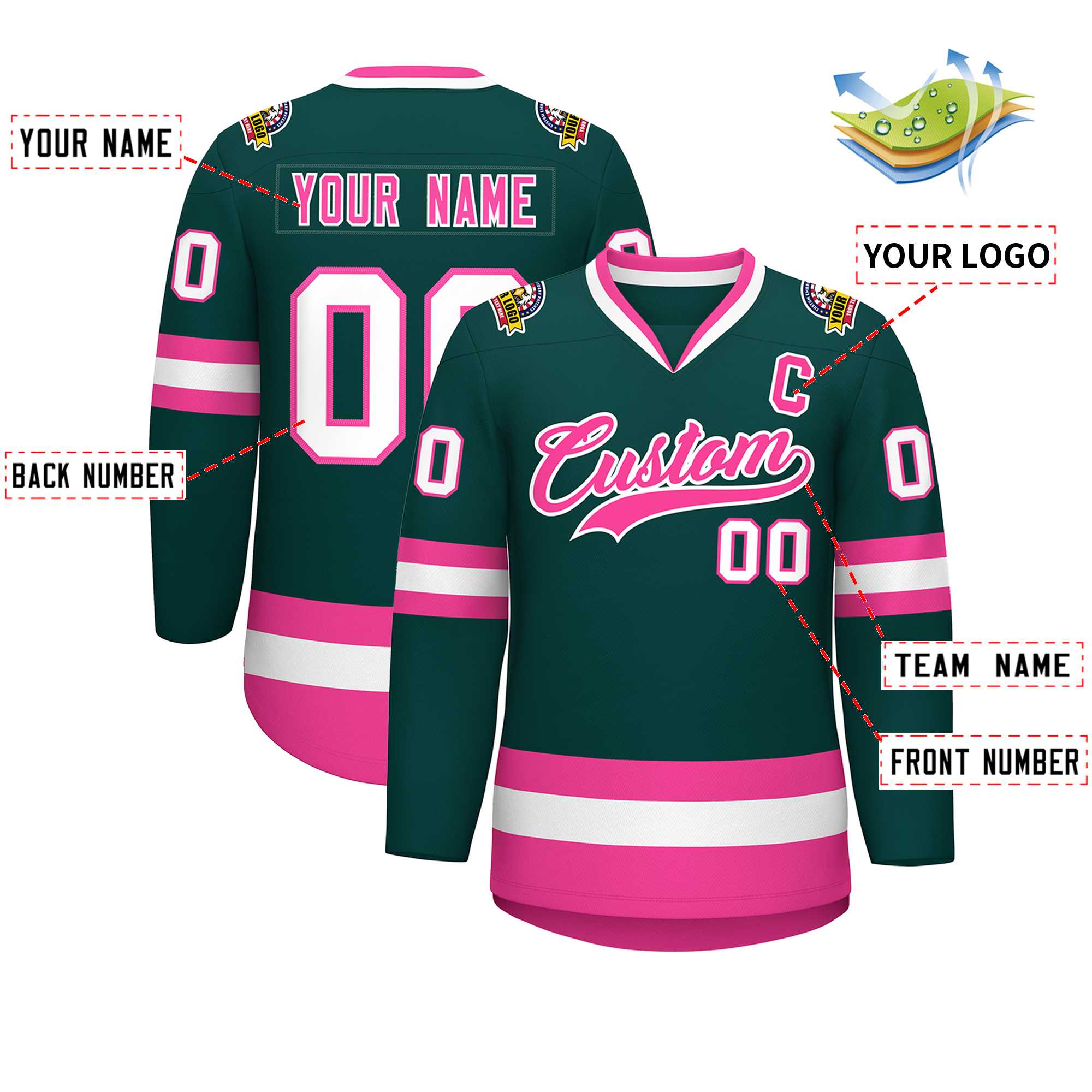 Custom Midnight Green Pink-White Classic Style Hockey Jersey | KXKSHOP