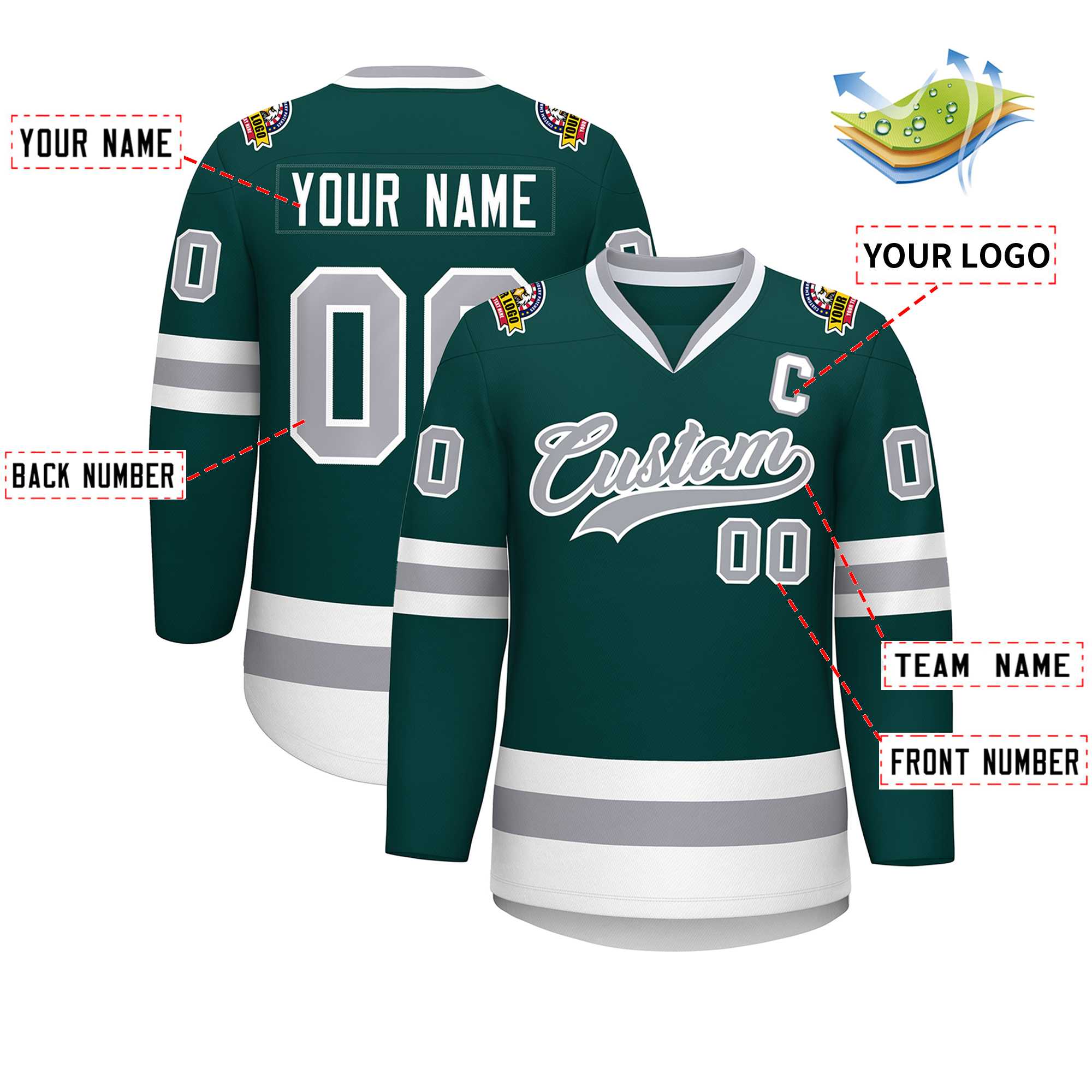 Custom Midnight Green Gray-White Classic Style Hockey Jersey | KXKSHOP