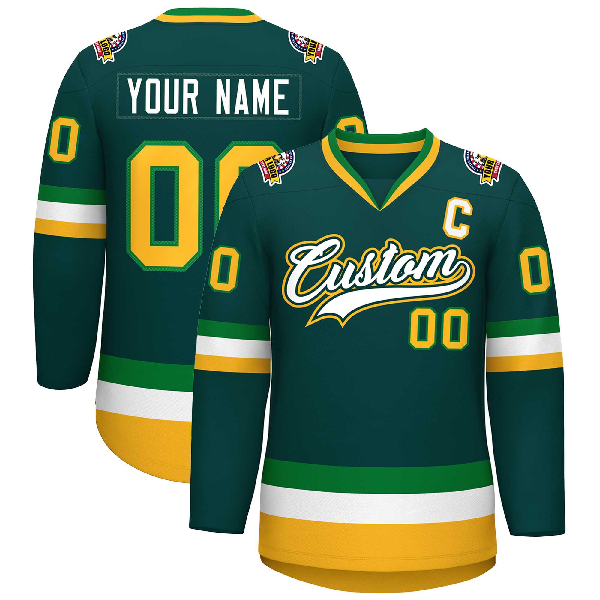 Custom Midnight Green White Kelly Green-Gold Classic Style Hockey Jersey | KXKSHOP