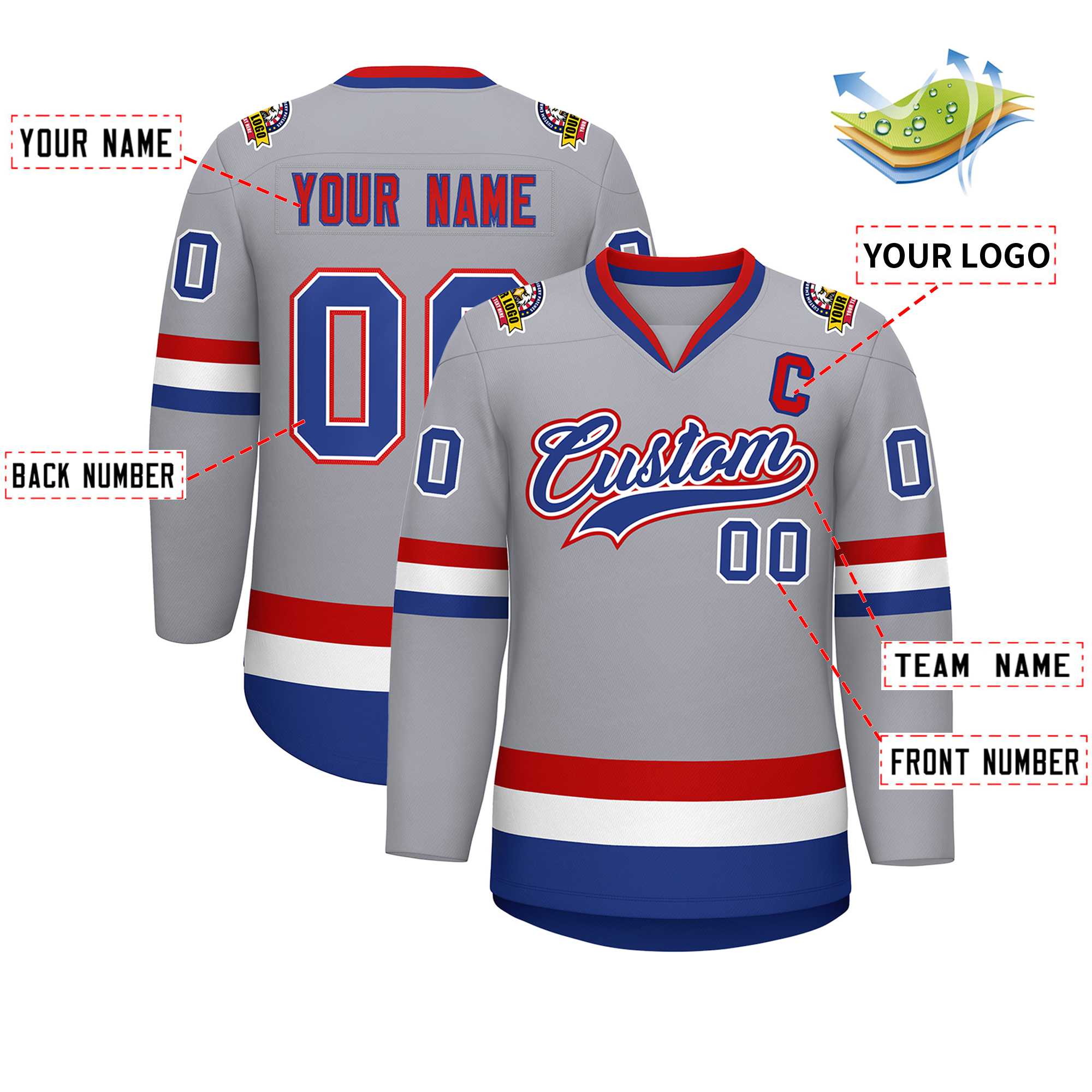 Custom Gray Royal White-Red Classic Style Hockey Jersey | KXKSHOP