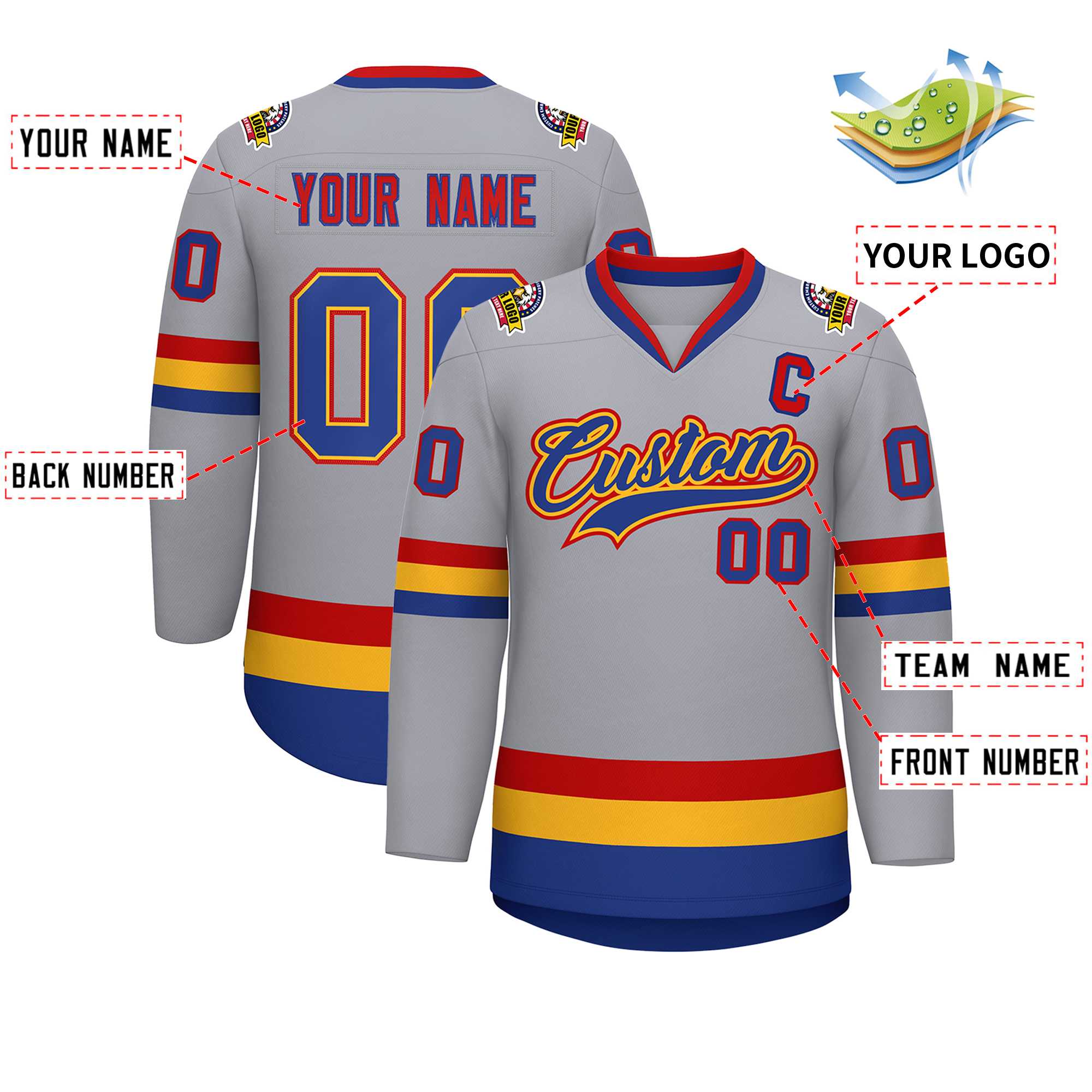 Custom Gray Royal Gold-Red Classic Style Hockey Jersey | KXKSHOP