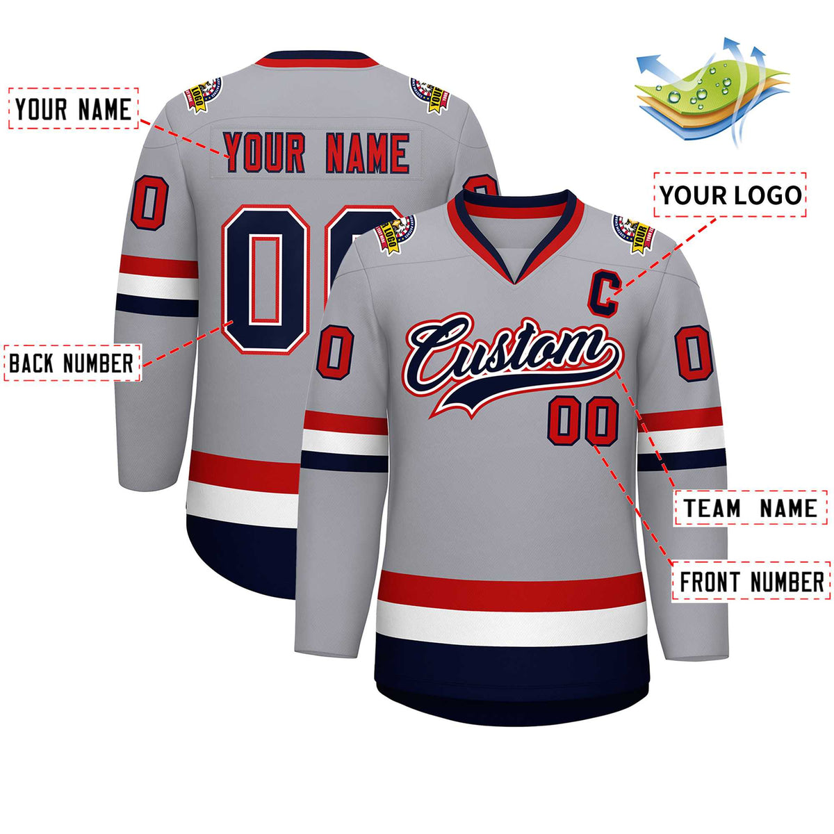 Custom Gray Navy White-Red Classic Style Hockey Jersey | KXKSHOP