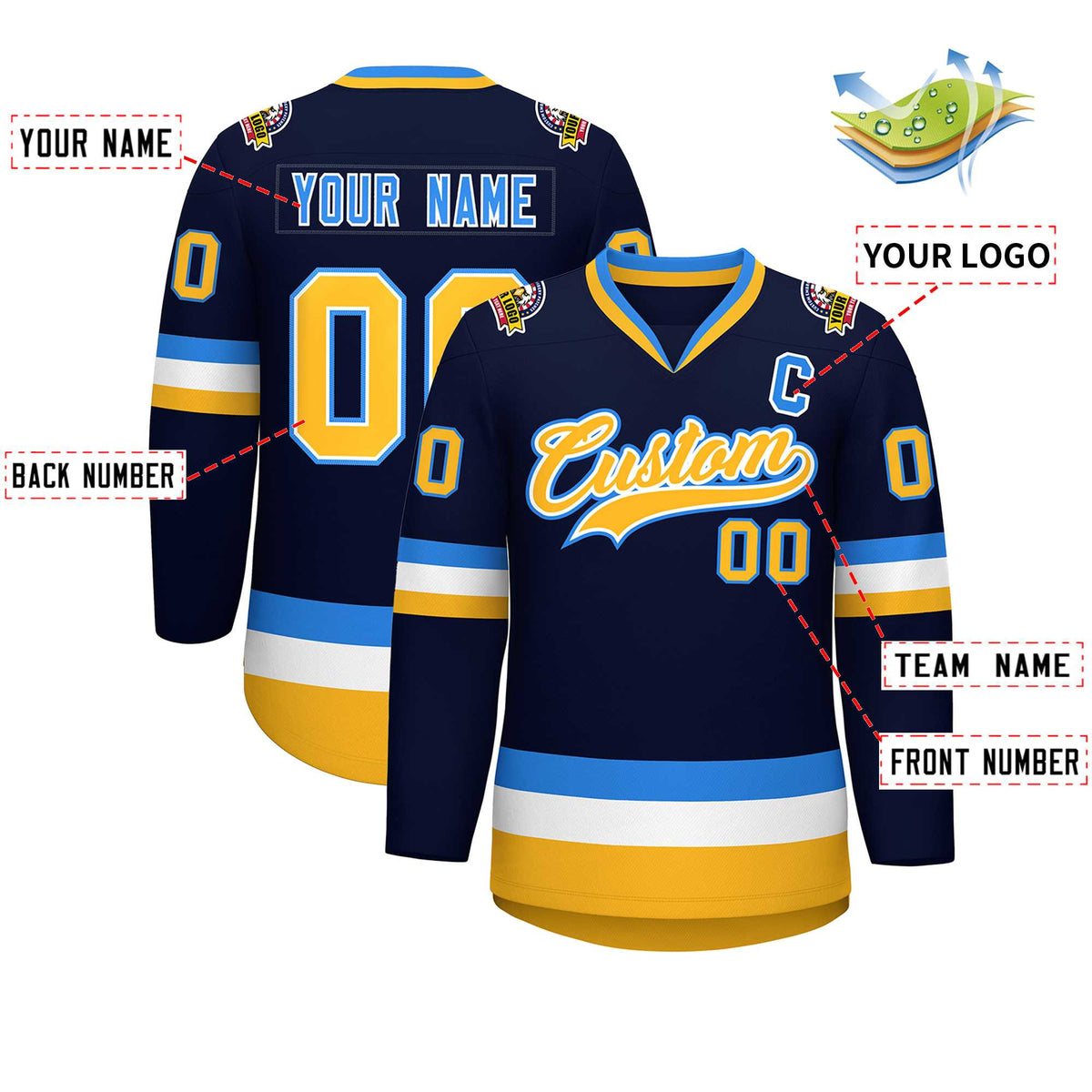 Custom Navy Gold White-Powder Blue Classic Style Hockey Jersey | KXKSHOP