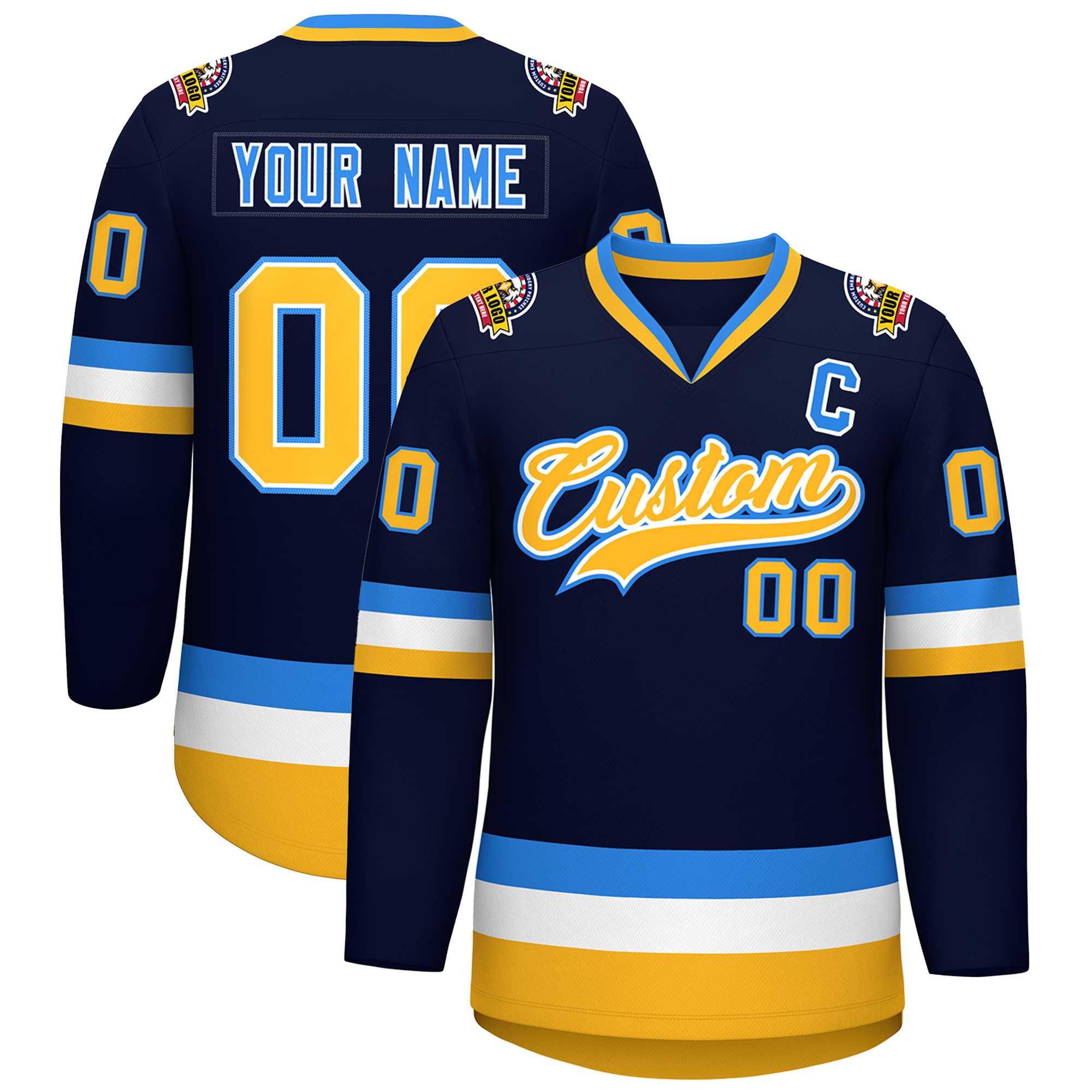 Custom Navy Gold White-Powder Blue Classic Style Hockey Jersey | KXKSHOP