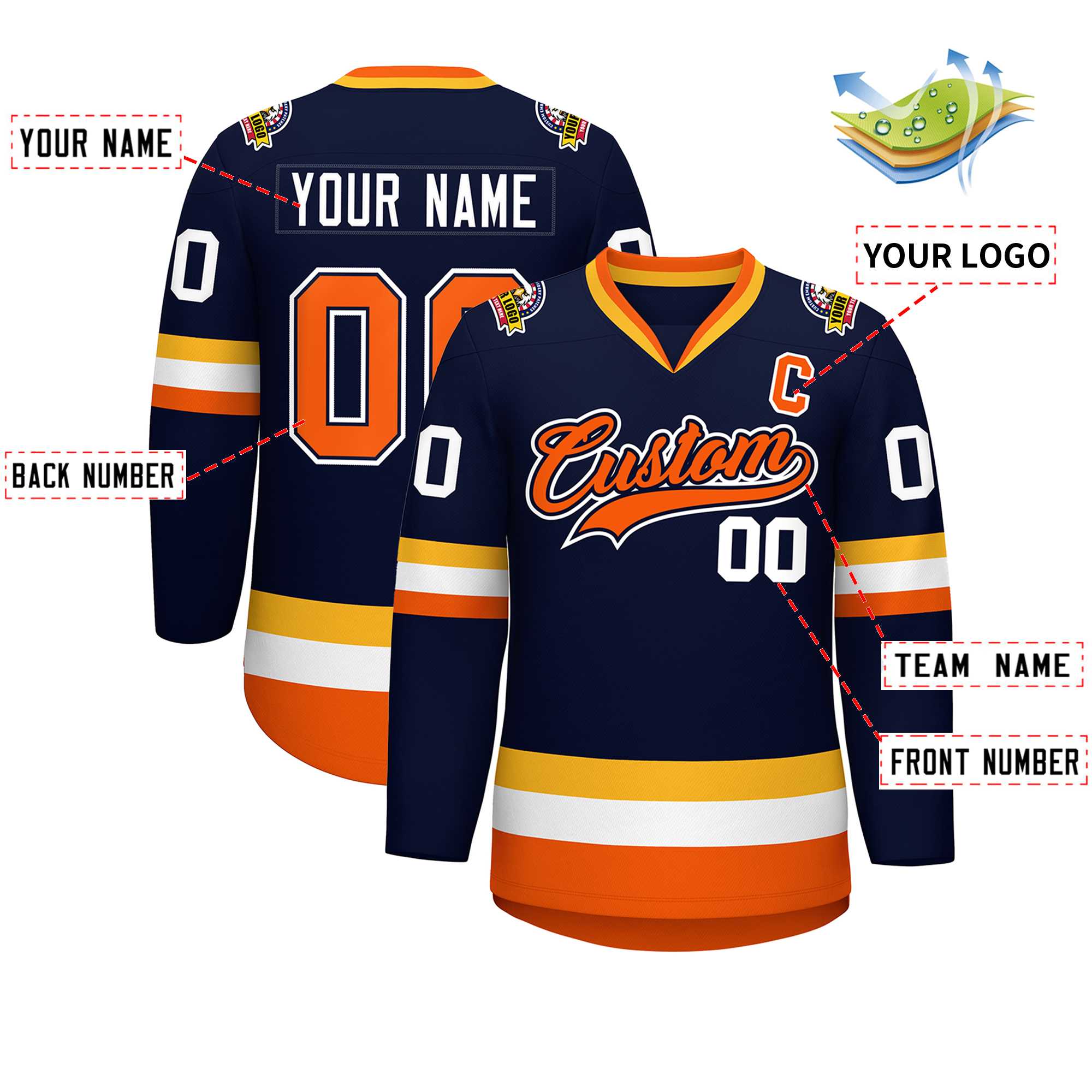 Custom Navy Orange Navy-White Classic Style Hockey Jersey | KXKSHOP