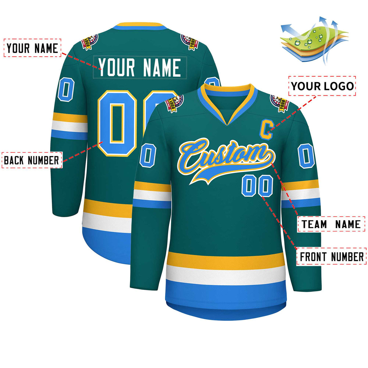 Custom Teal Powder Blue White-Gold Classic Style Hockey Jersey | KXKSHOP