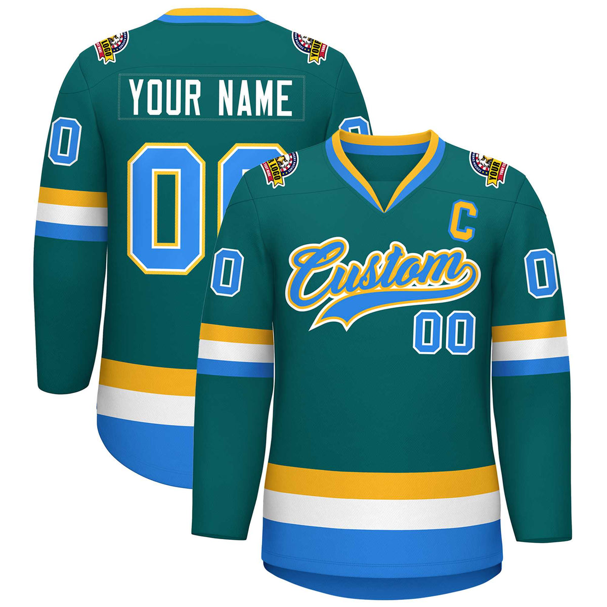 Custom Teal Powder Blue White-Gold Classic Style Hockey Jersey | KXKSHOP
