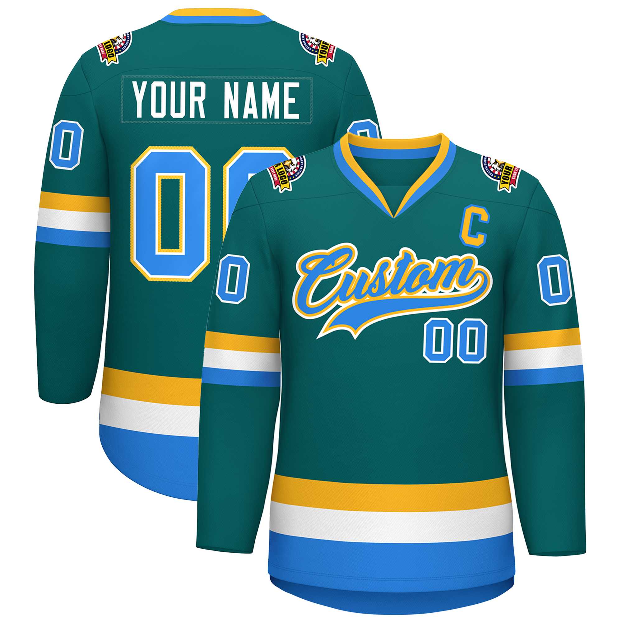 Custom Teal Powder Blue White-Gold Classic Style Hockey Jersey | KXKSHOP