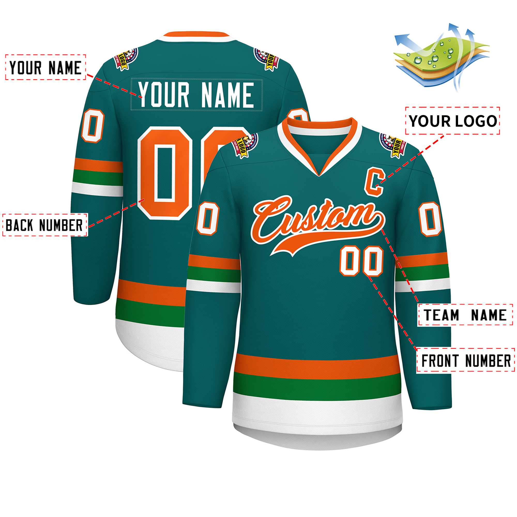 Custom Teal Orange-White Classic Style Hockey Jersey | KXKSHOP