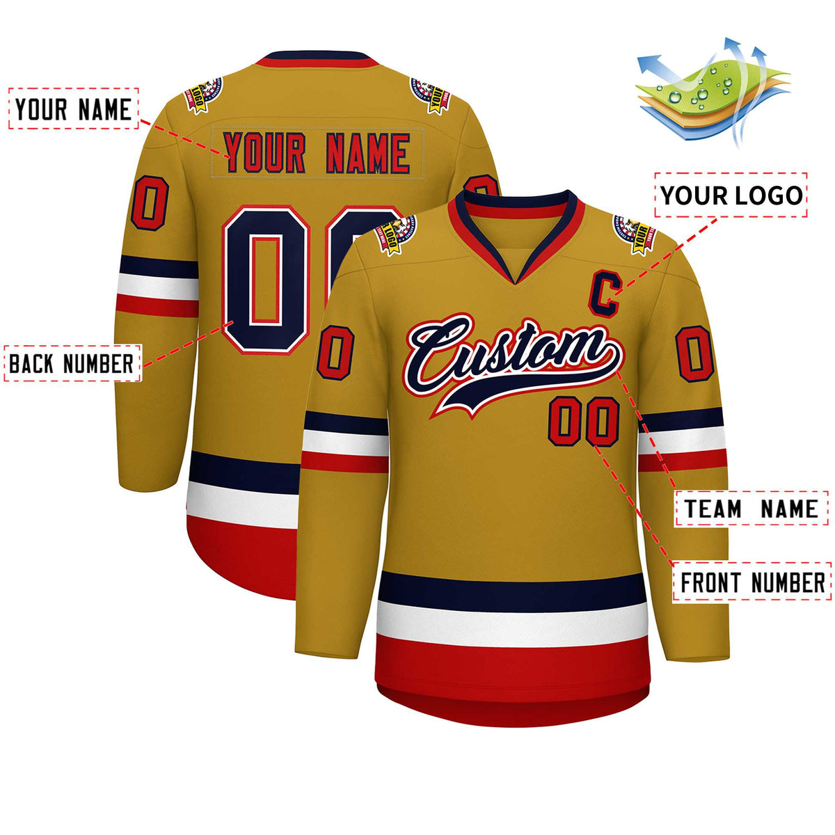 Custom Old Gold Navy White-Red Classic Style Hockey Jersey | KXKSHOP