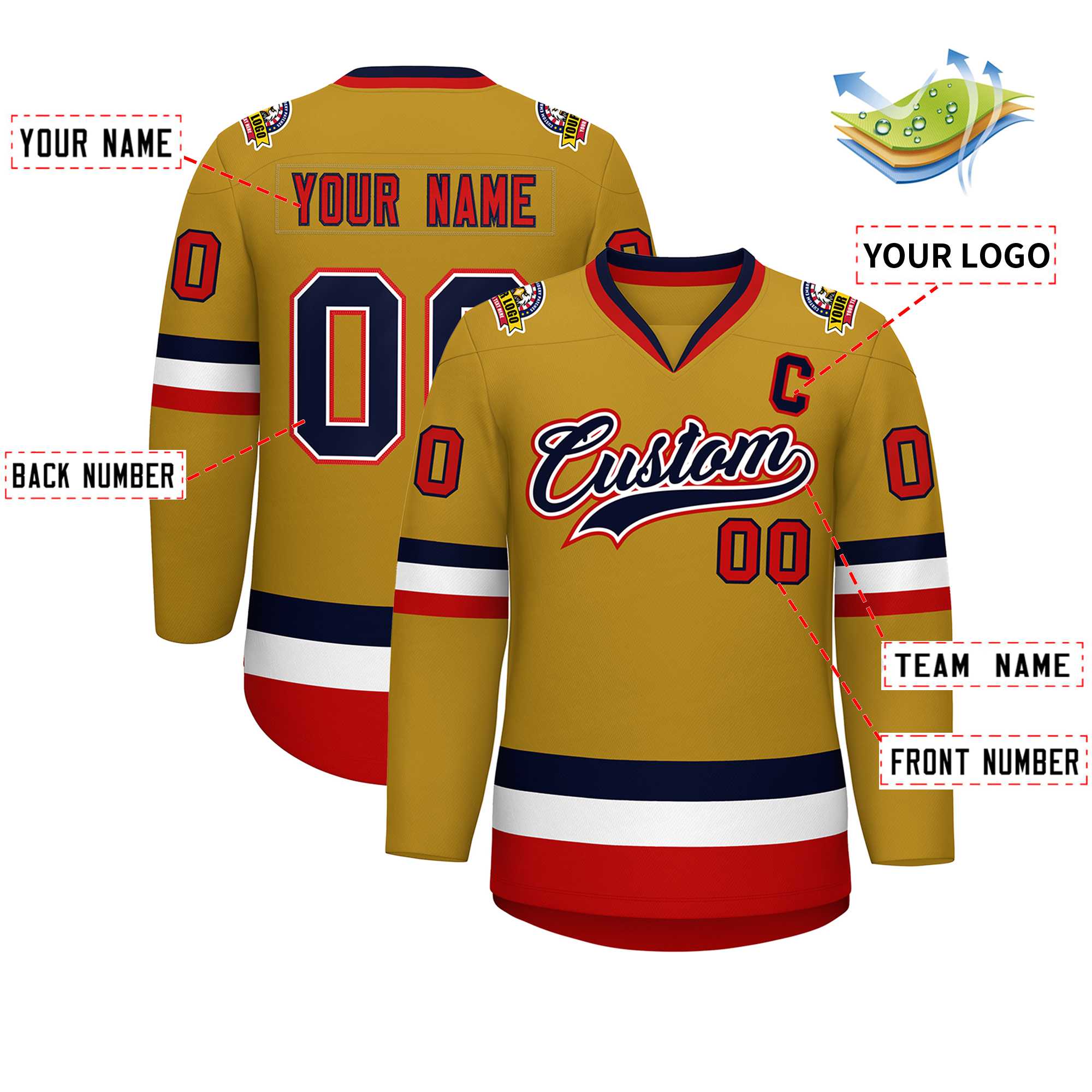 Custom Old Gold Navy White-Red Classic Style Hockey Jersey | KXKSHOP
