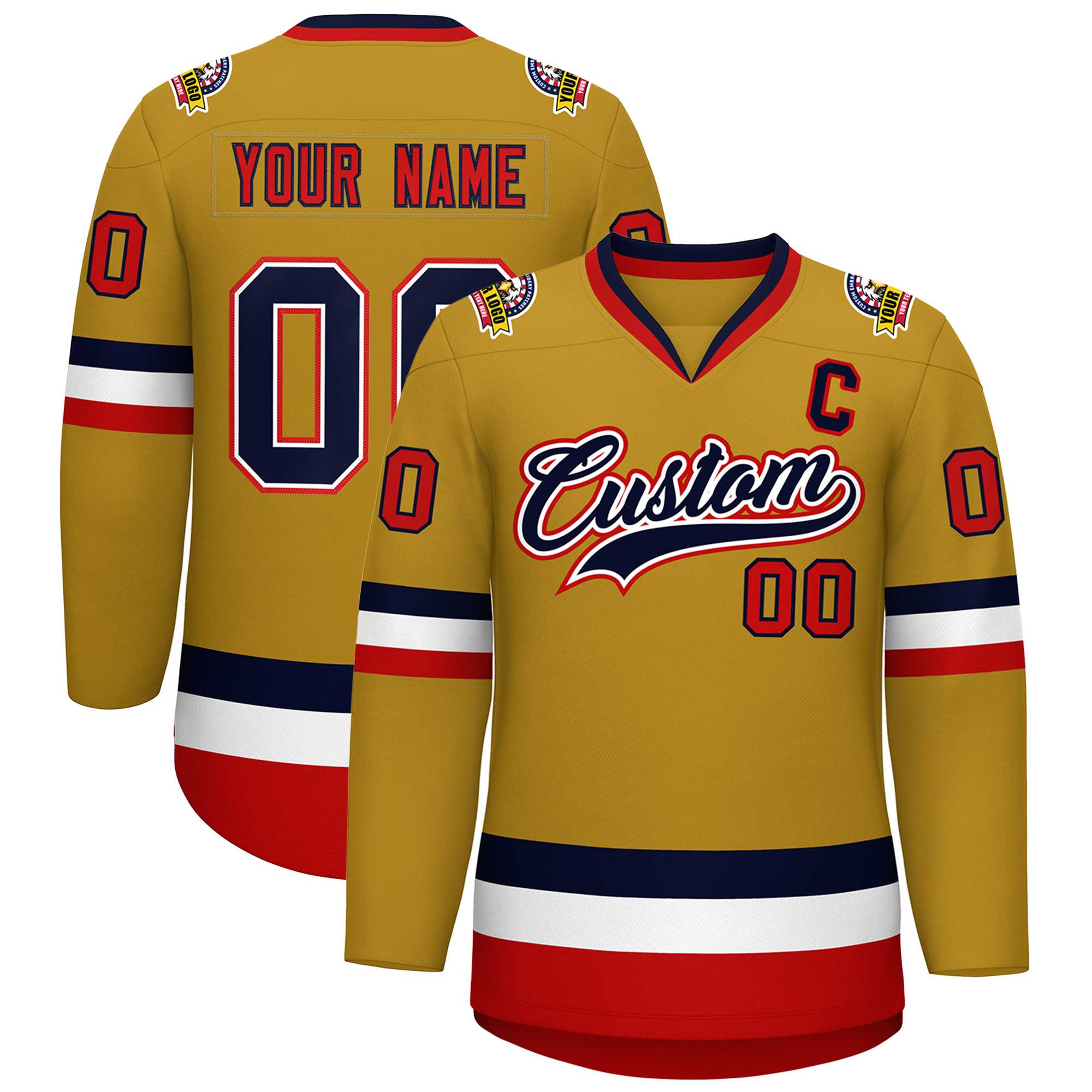 Custom Old Gold Navy White-Red Classic Style Hockey Jersey | KXKSHOP