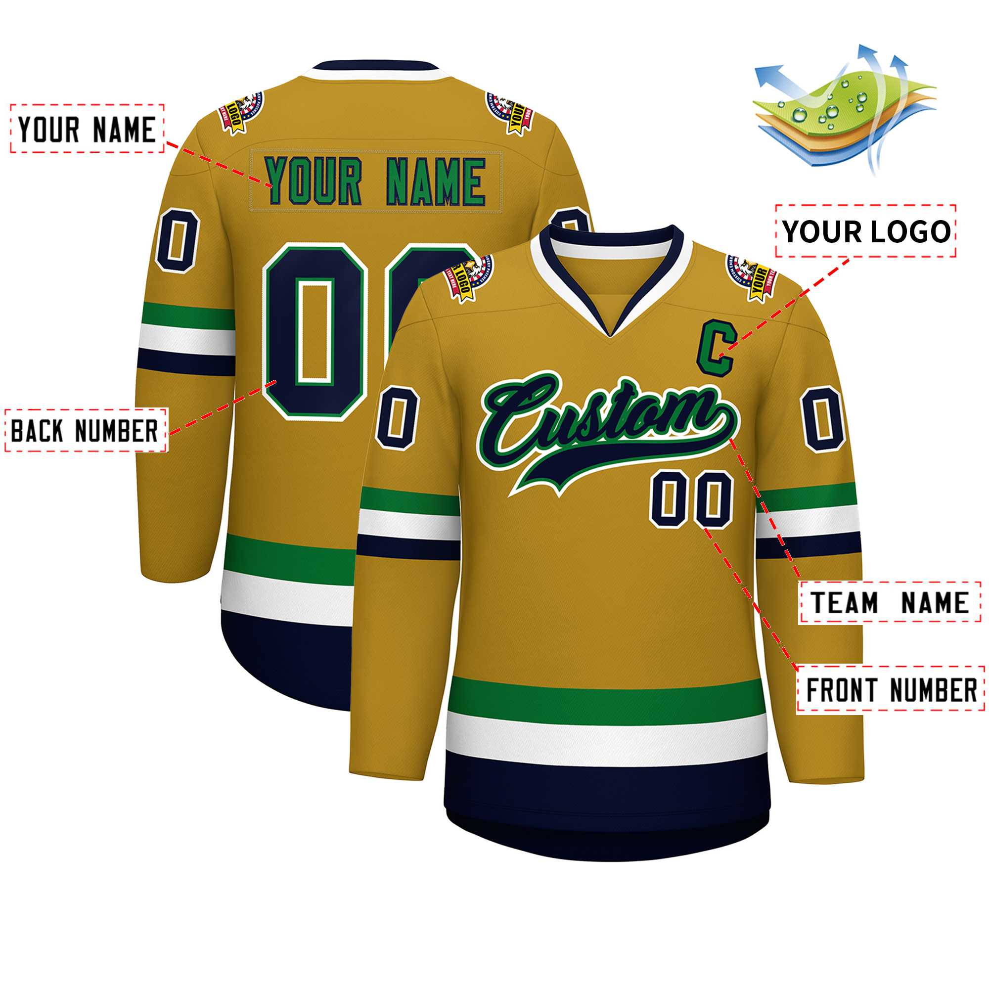 Custom Old Gold Navy Kelly Green-White Classic Style Hockey Jersey | KXKSHOP