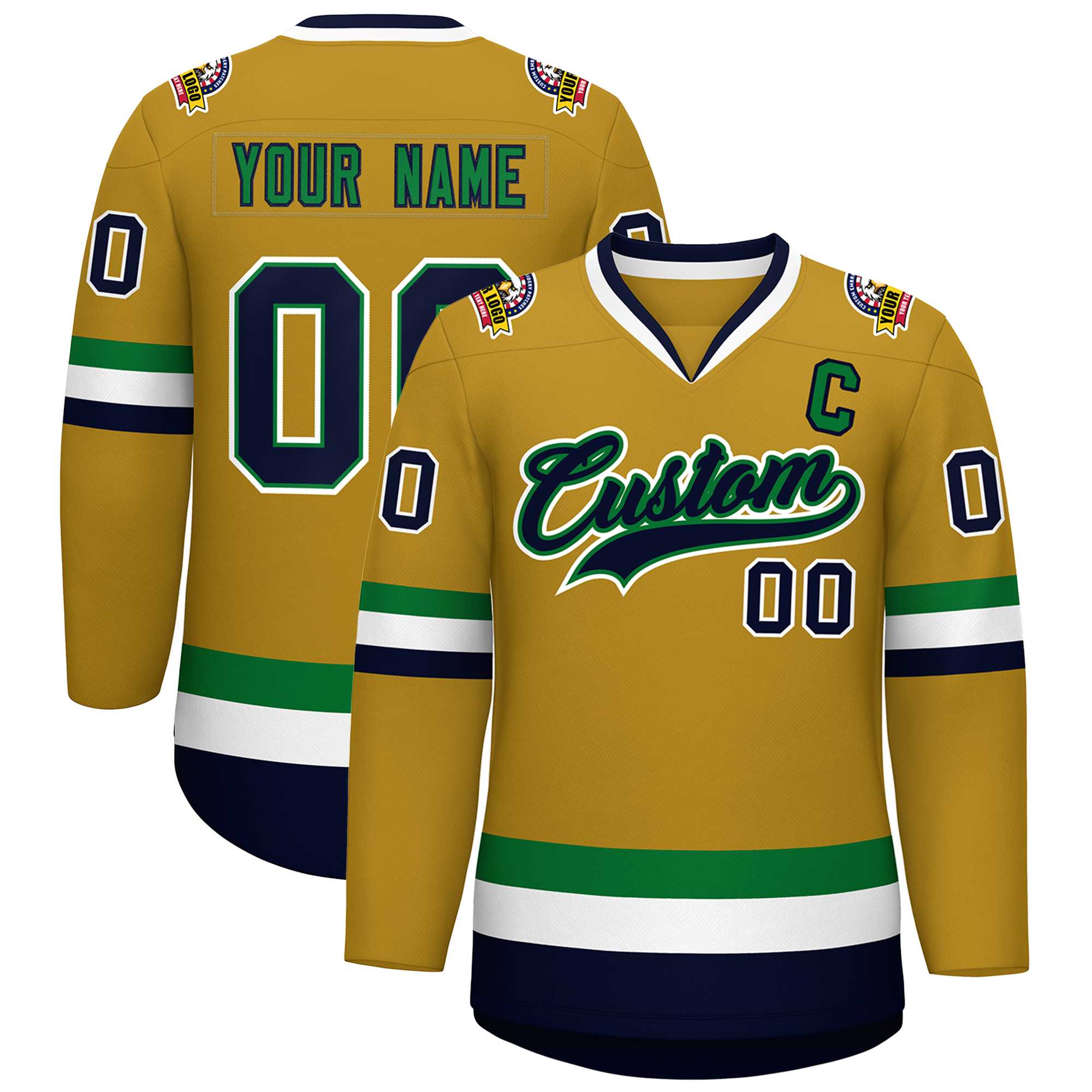 Custom Old Gold Navy Kelly Green-White Classic Style Hockey Jersey | KXKSHOP