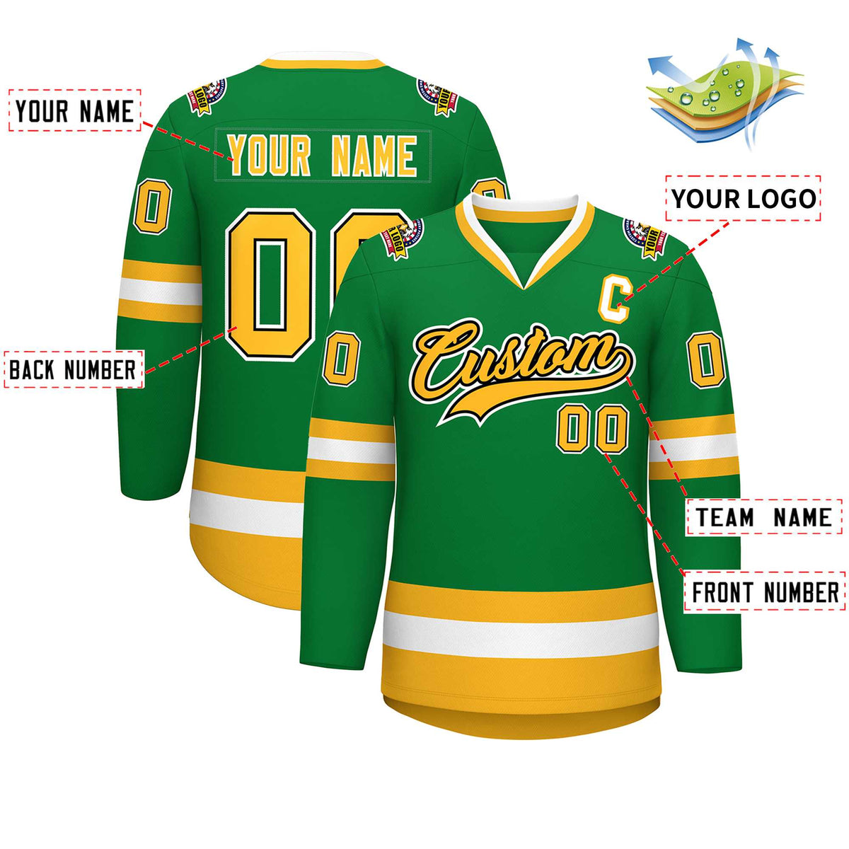 Custom Kelly Green Gold Black-White Classic Style Hockey Jersey | KXKSHOP
