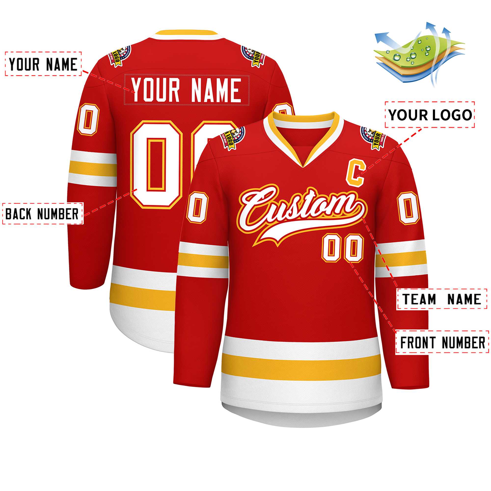 Custom Red White Red-Gold Classic Style Hockey Jersey | KXKSHOP