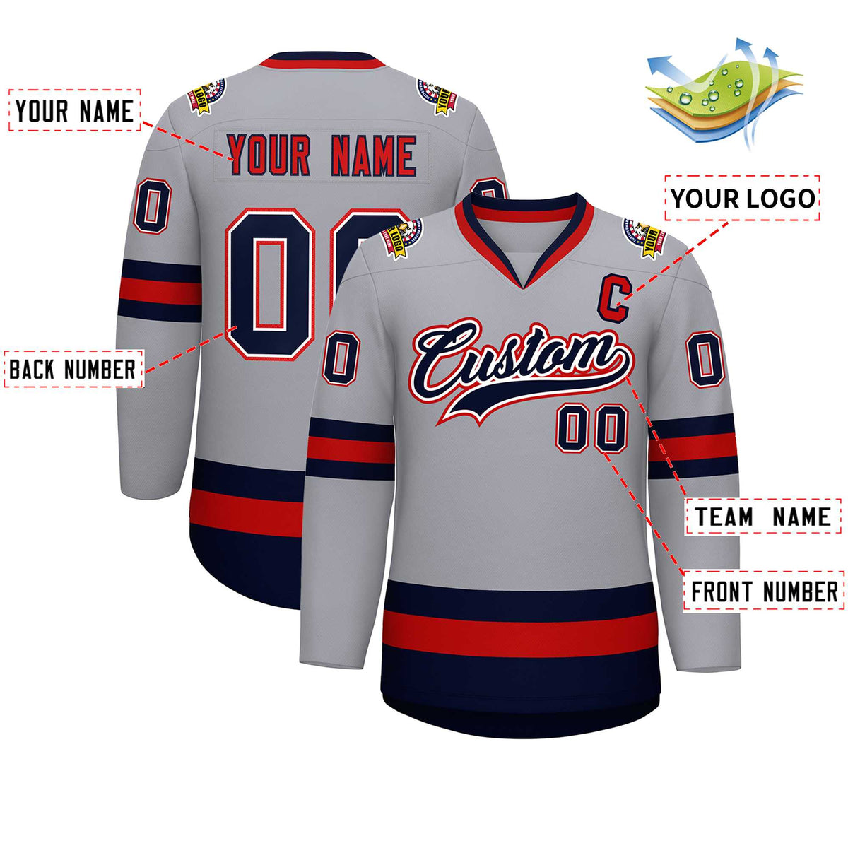 Custom Gray Navy White-Red Classic Style Hockey Jersey | KXKSHOP