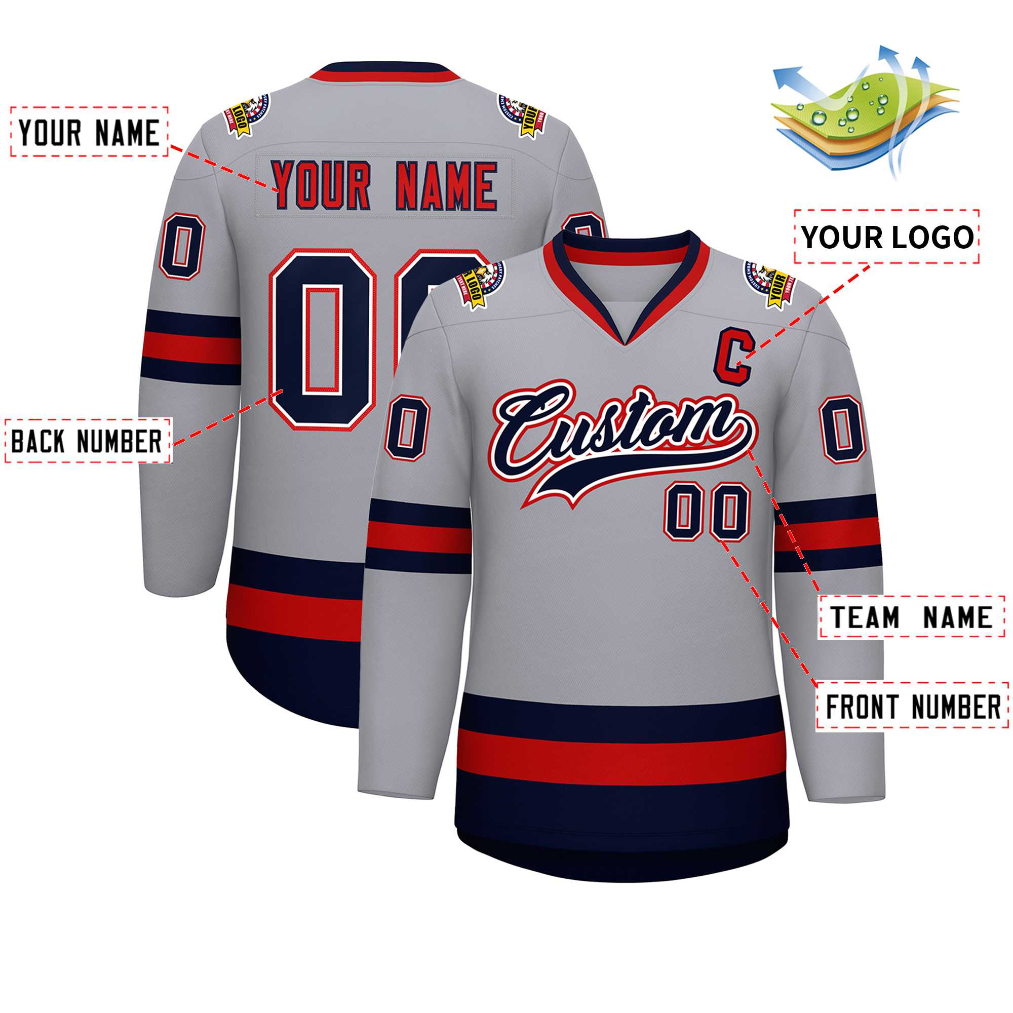 Custom Gray Navy White-Red Classic Style Hockey Jersey | KXKSHOP