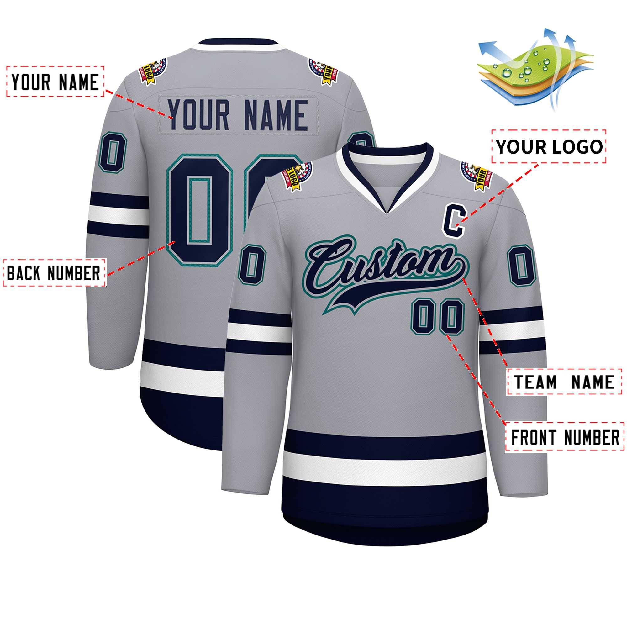Custom Gray Navy Gray-Aqua Classic Style Hockey Jersey | KXKSHOP