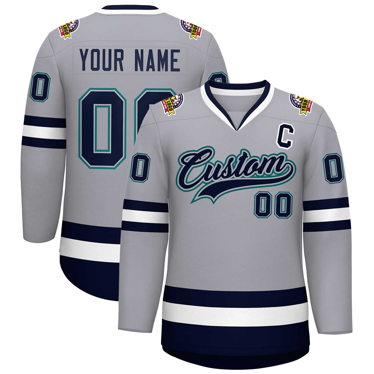 Custom Gray Navy Gray-Aqua Classic Style Hockey Jersey | KXKSHOP