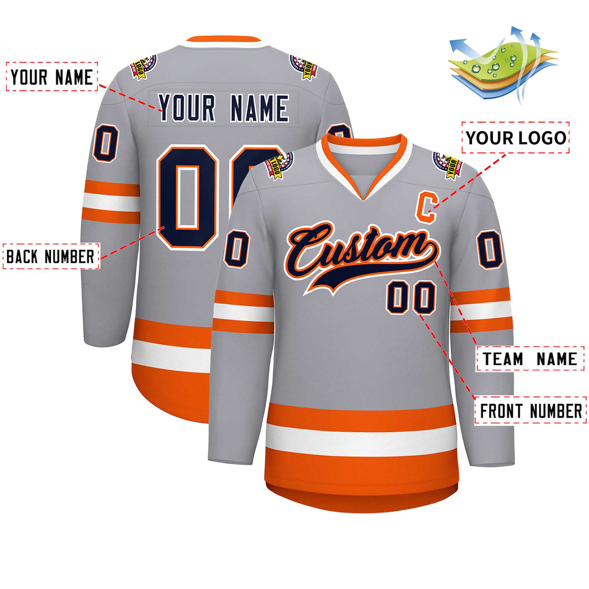 Custom Gray Navy Orange-White Classic Style Hockey Jersey | KXKSHOP