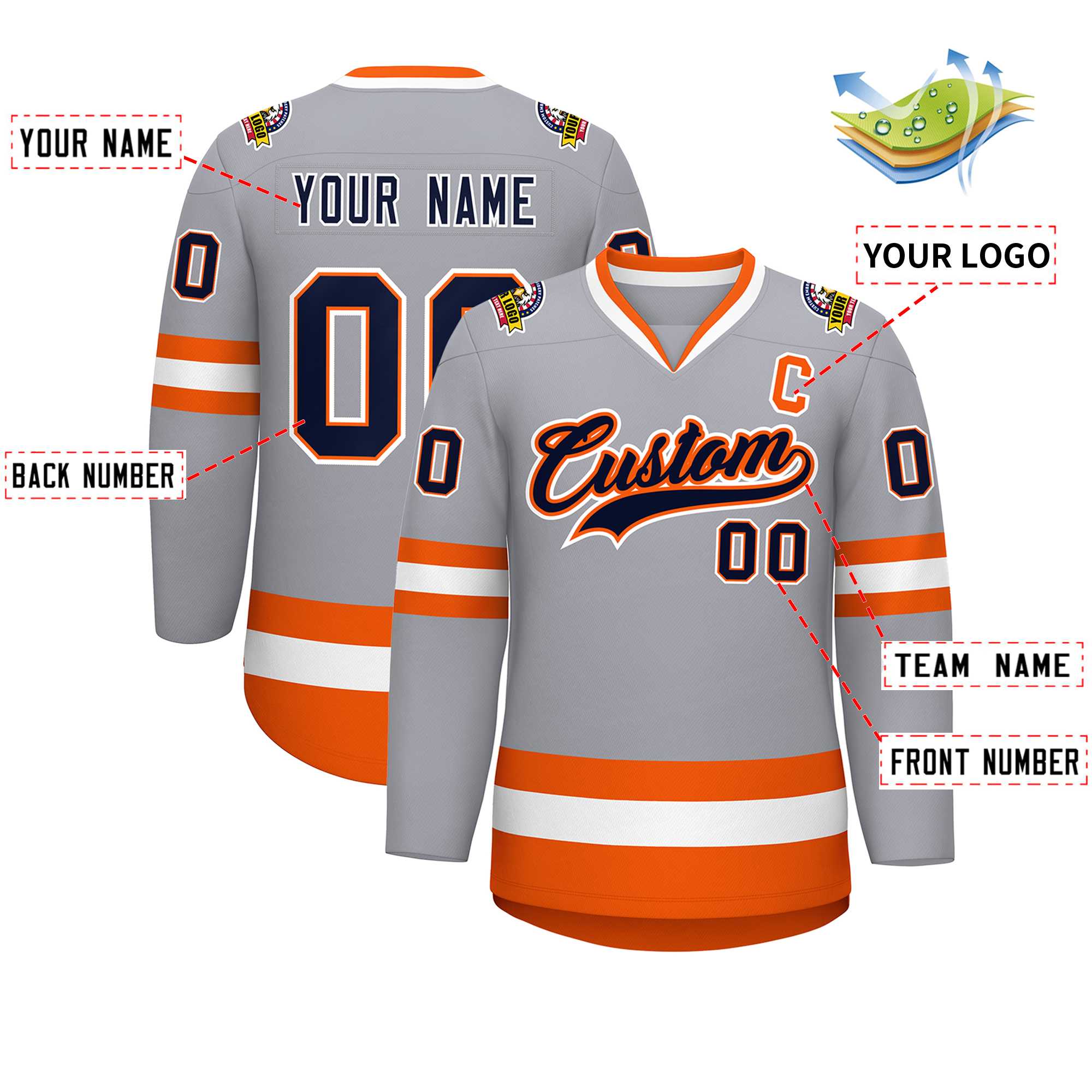 Custom Gray Navy Orange-White Classic Style Hockey Jersey | KXKSHOP