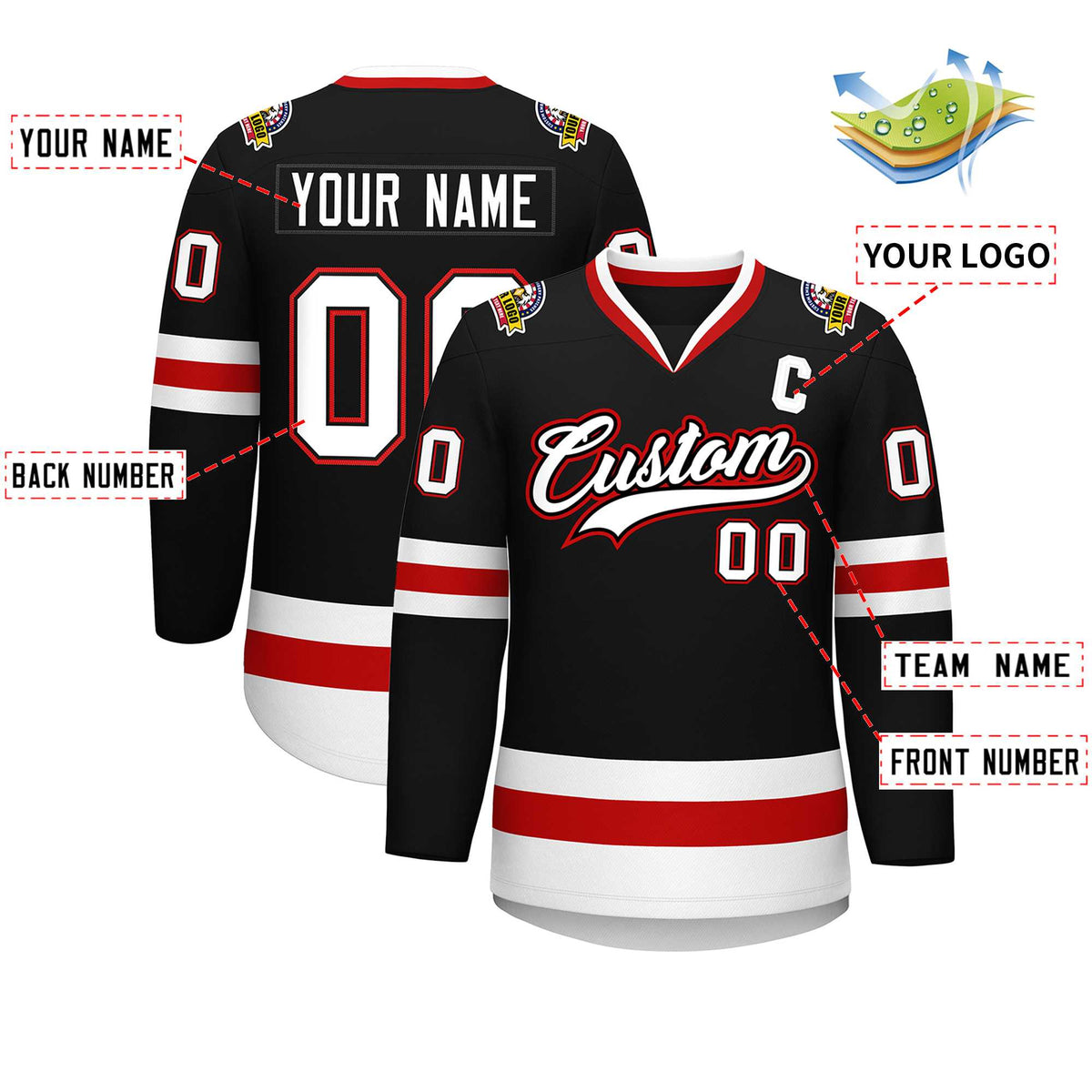 Custom Black White Black-Red Classic Style Hockey Jersey | KXKSHOP