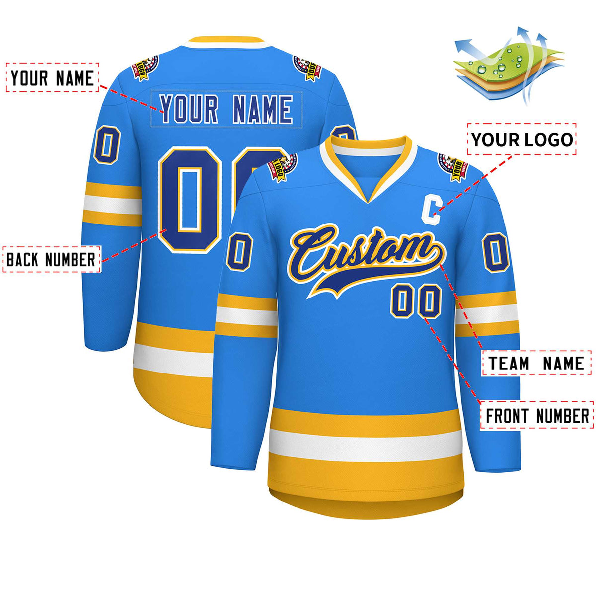 Custom Powder Blue Royal Gold-White Classic Style Hockey Jersey | KXKSHOP
