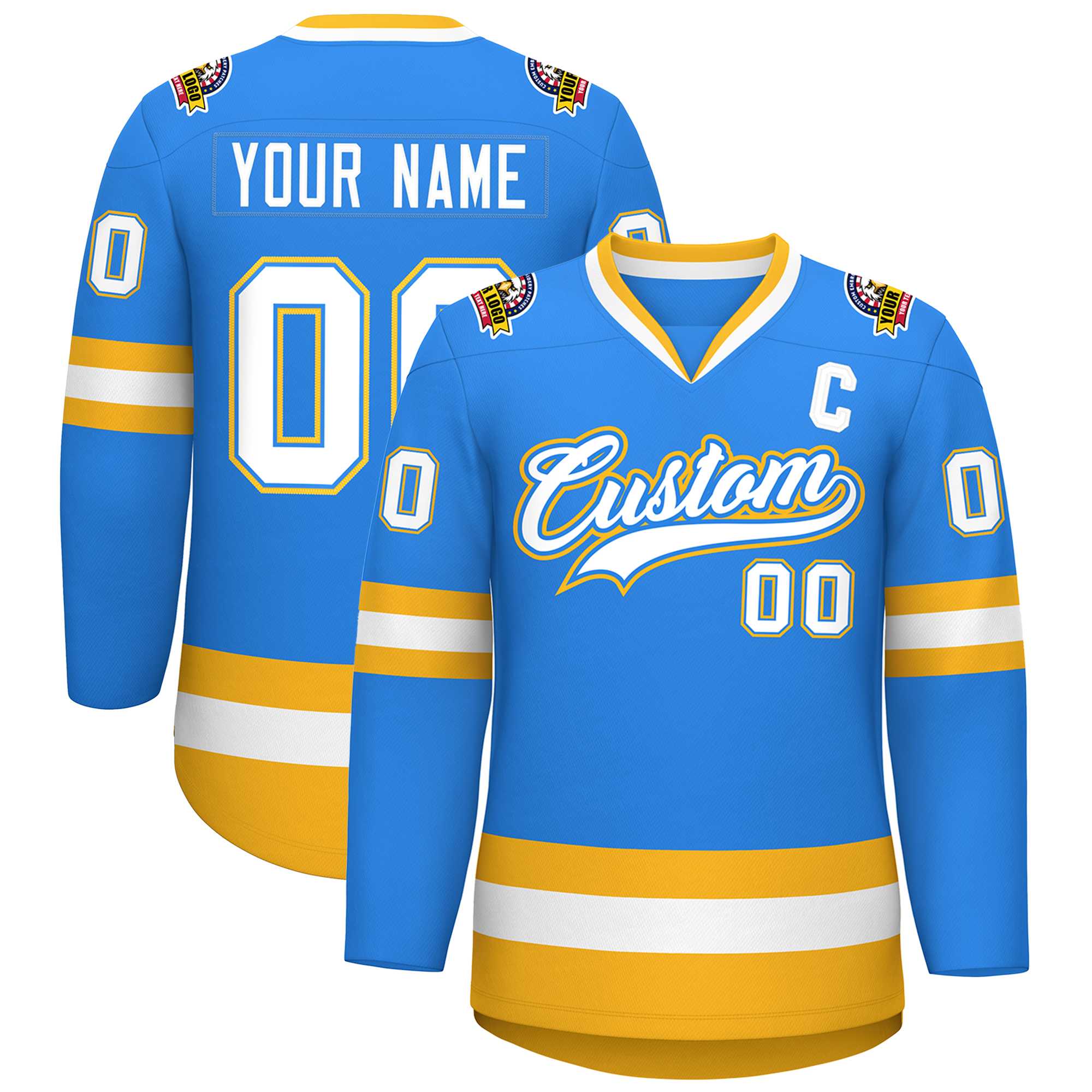 Custom Powder Blue White Powder Blue-Gold Classic Style Hockey Jersey | KXKSHOP