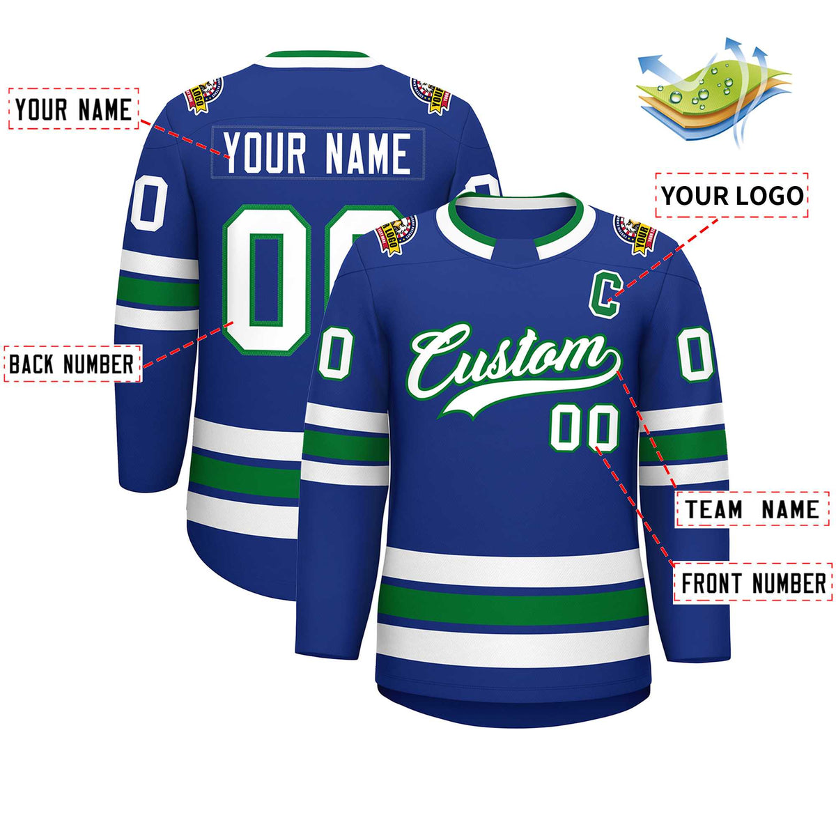 Custom Royal White-Kelly Green Classic Style Hockey Jersey | KXKSHOP