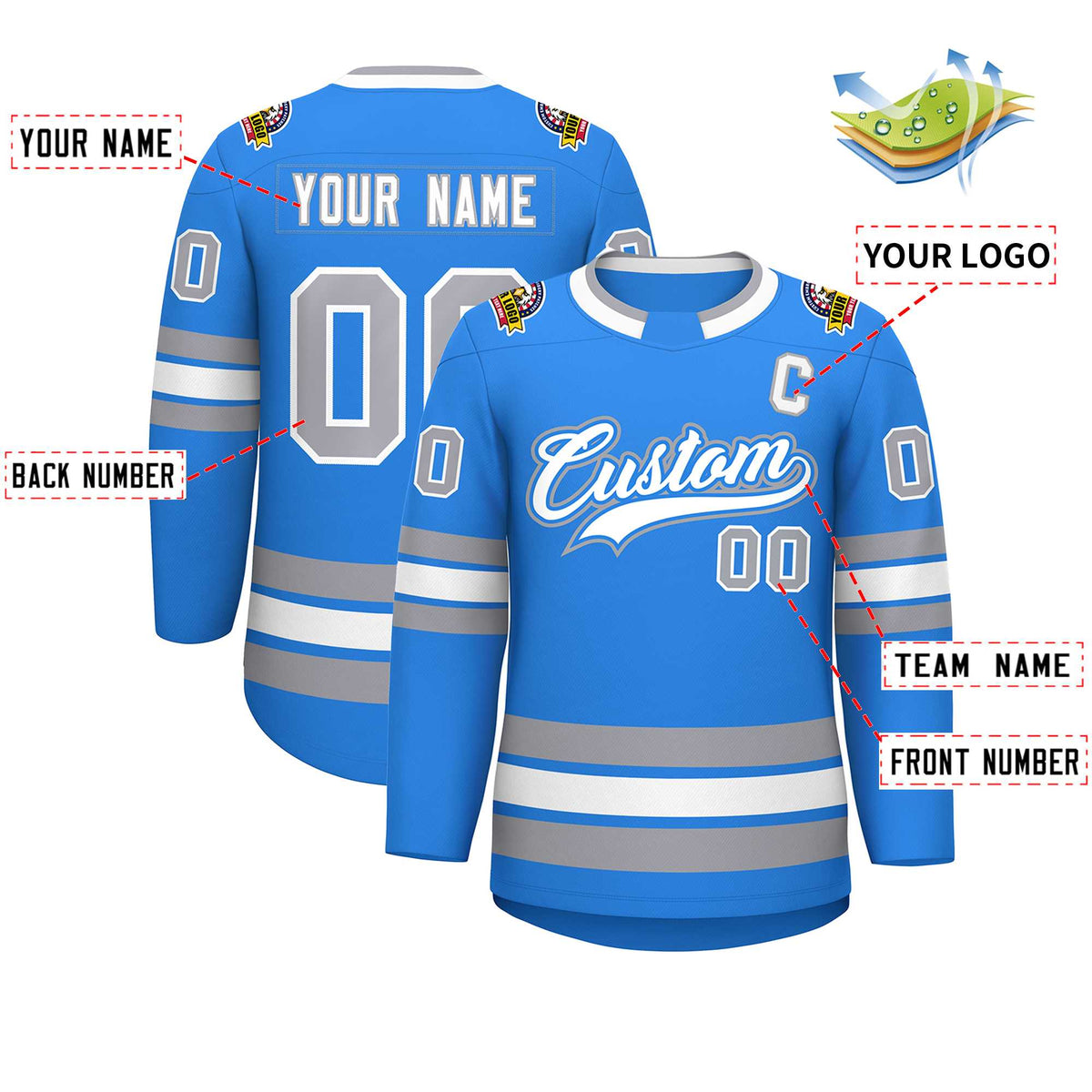 Custom Powder Blue White Powder Blue-Gray Classic Style Hockey Jersey | KXKSHOP