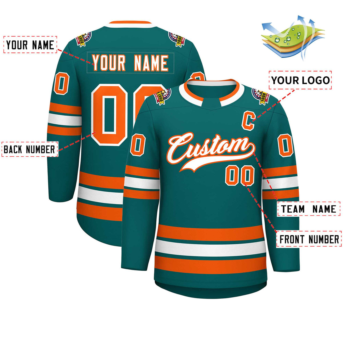 Custom Teal White-Orange Classic Style Hockey Jersey | KXKSHOP