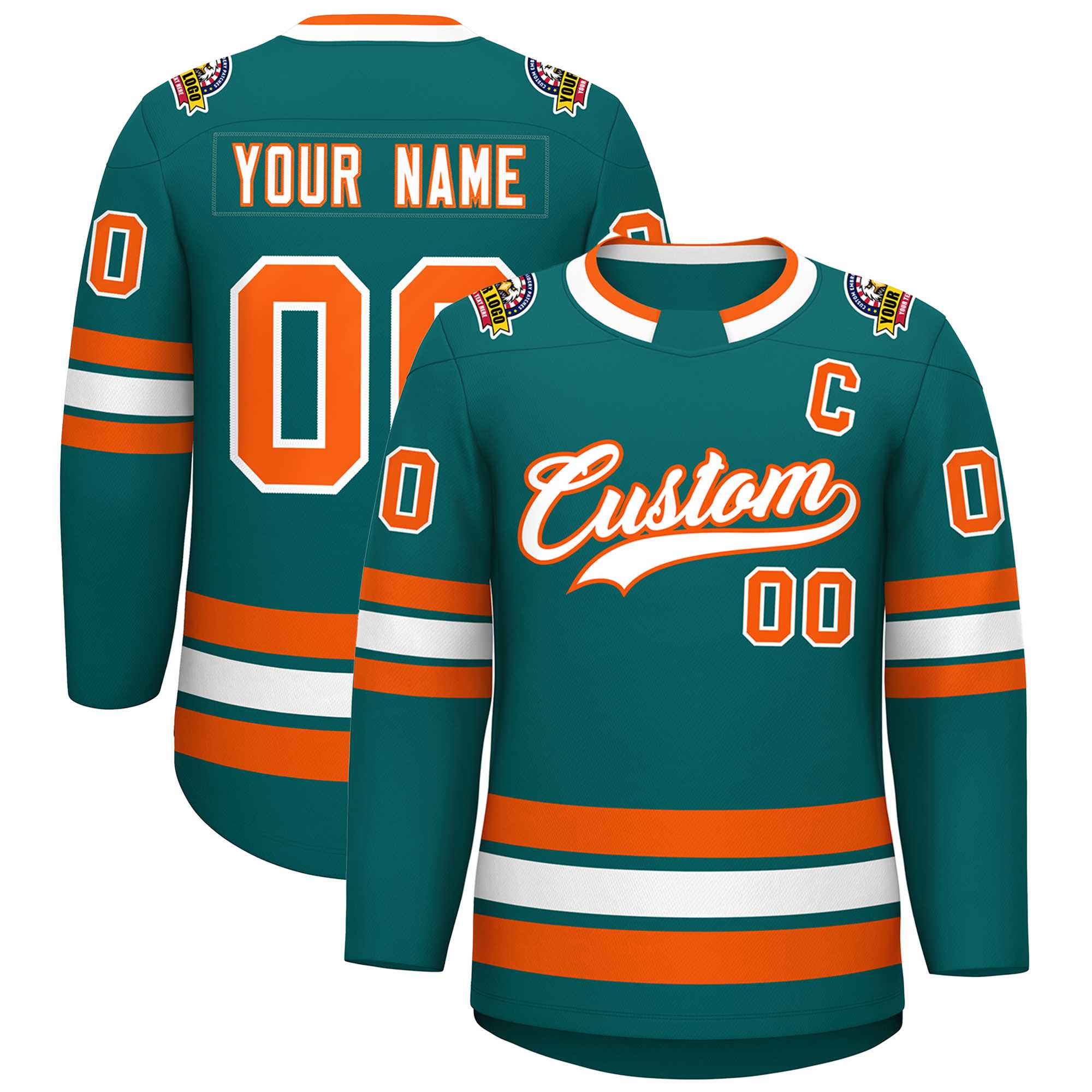 Custom Teal White-Orange Classic Style Hockey Jersey | KXKSHOP