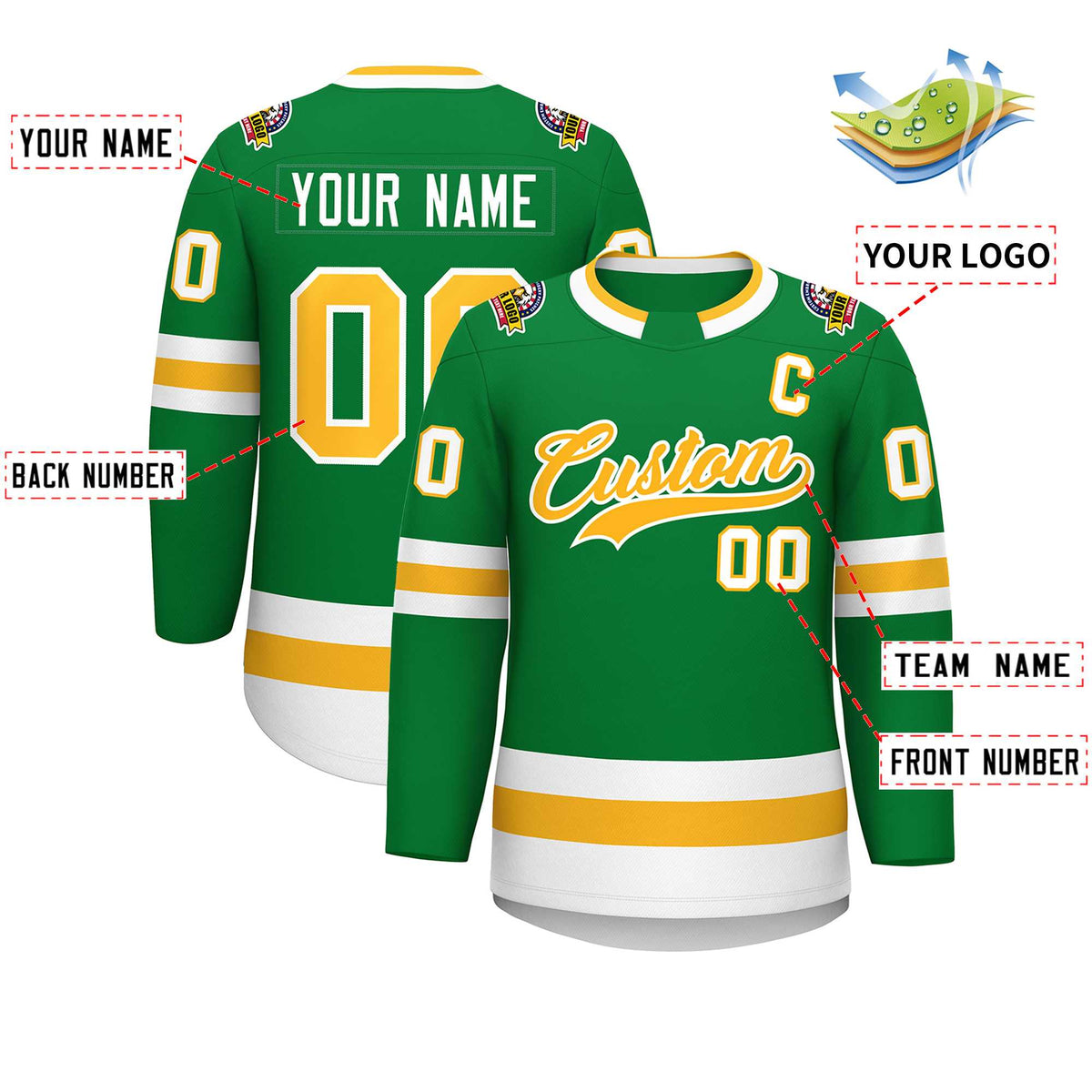 Custom Kelly Green Gold-White Classic Style Hockey Jersey | KXKSHOP