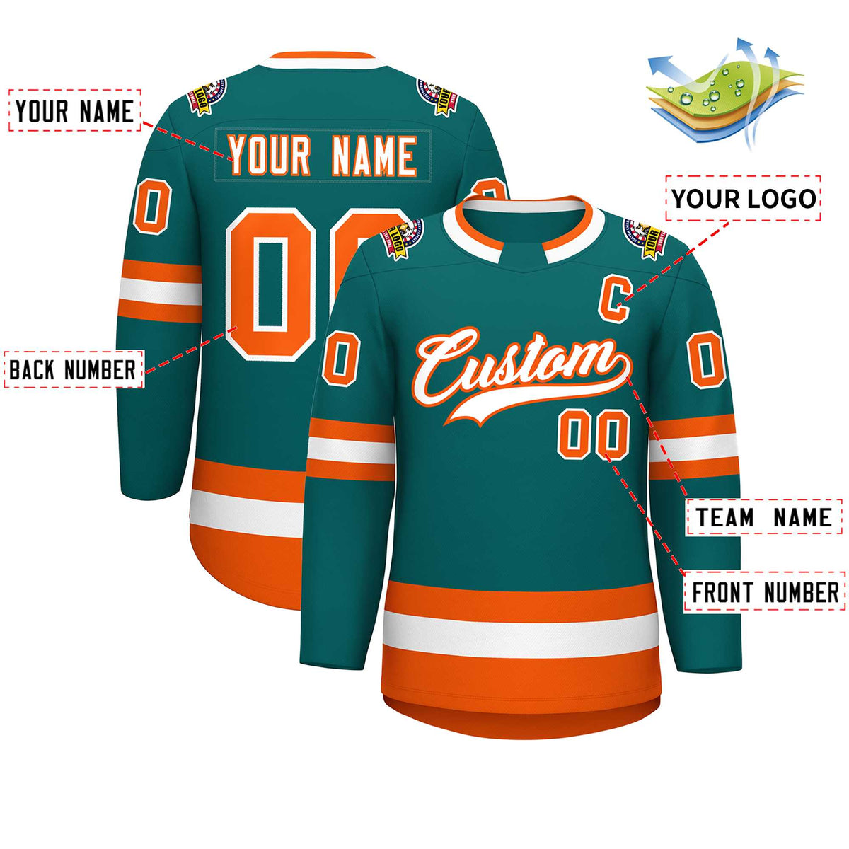 Custom Teal White-Orange Classic Style Hockey Jersey | KXKSHOP