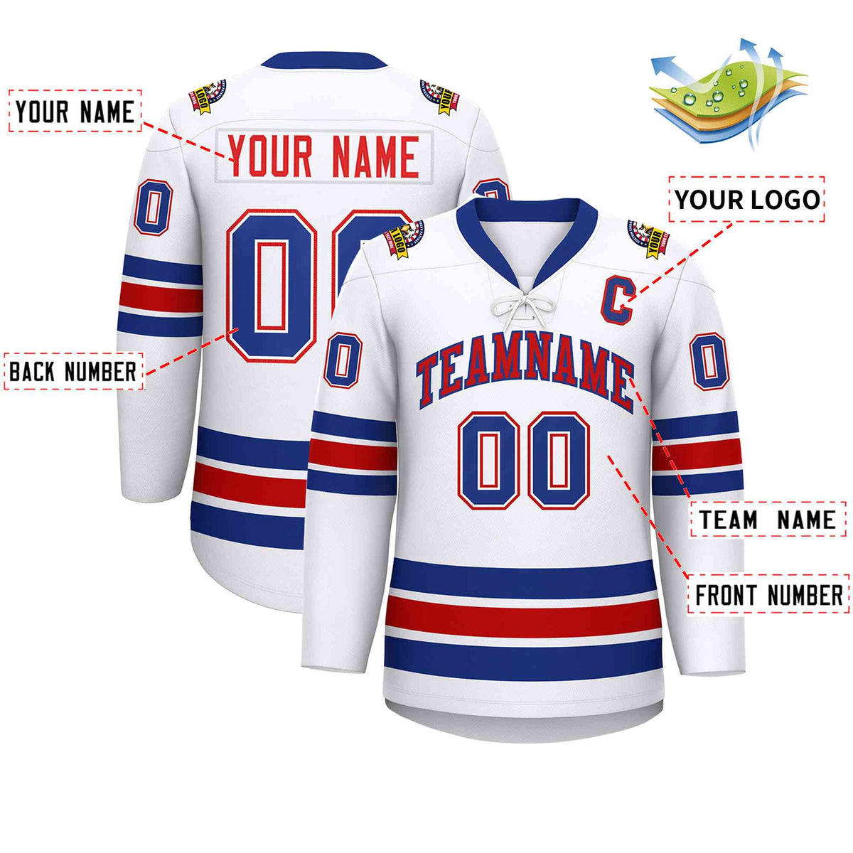 Custom White Royal-Red Lace-Up Neck Hockey Jersey | KXKSHOP