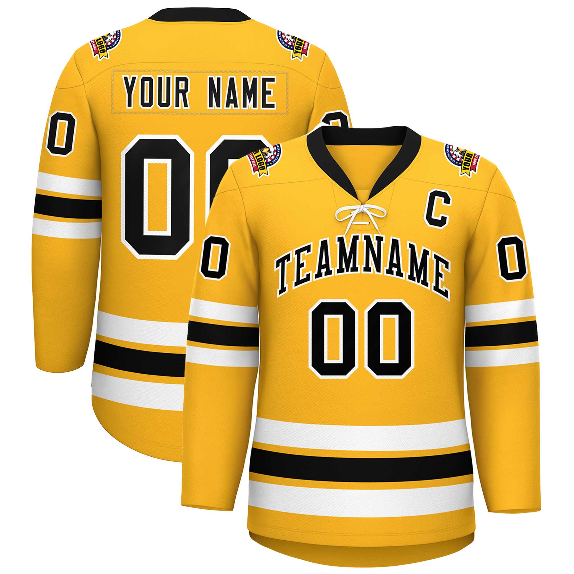 Custom Gold Black-White Lace-Up Neck Hockey Jersey | KXKSHOP
