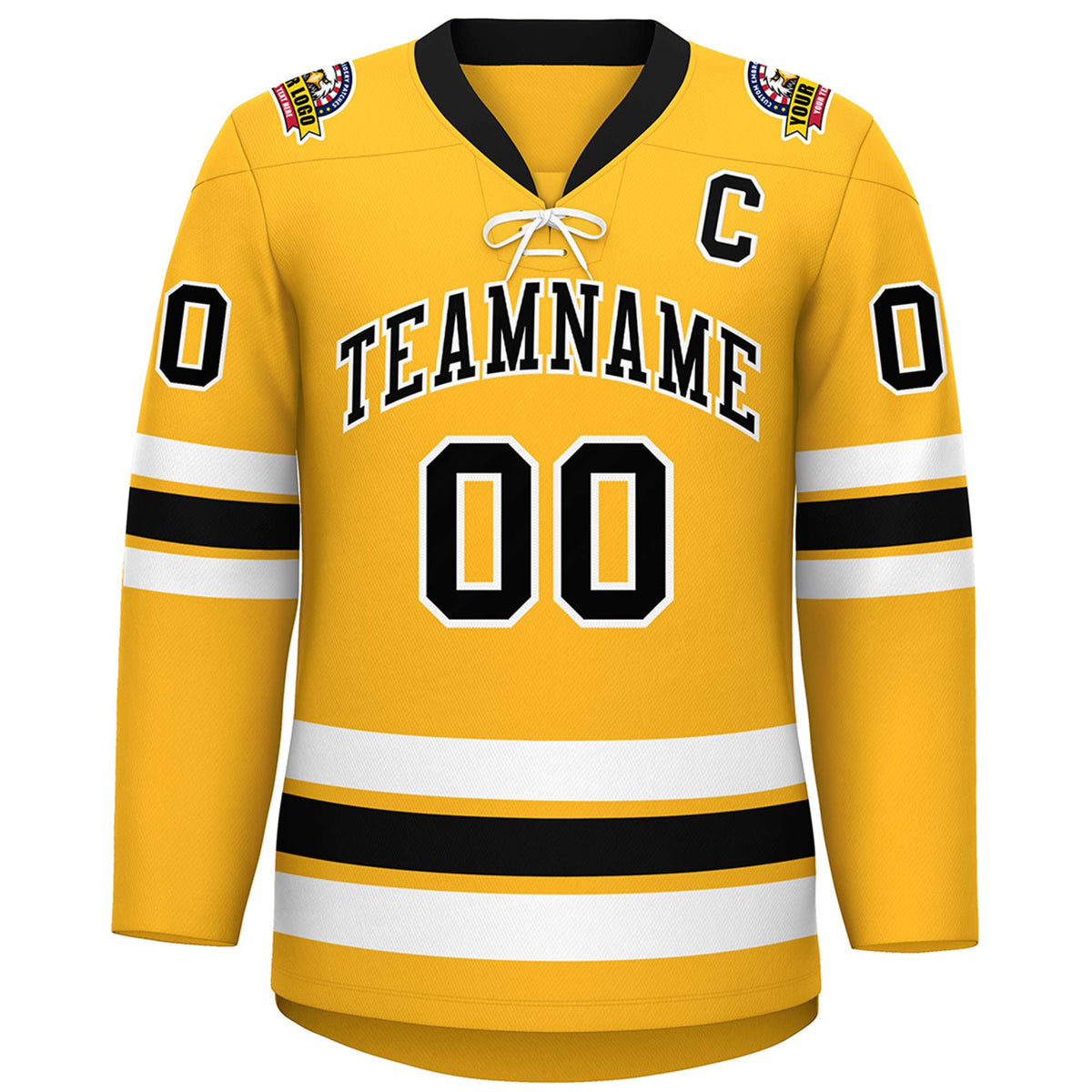 Custom Gold Black-White Lace-Up Neck Hockey Jersey | KXKSHOP