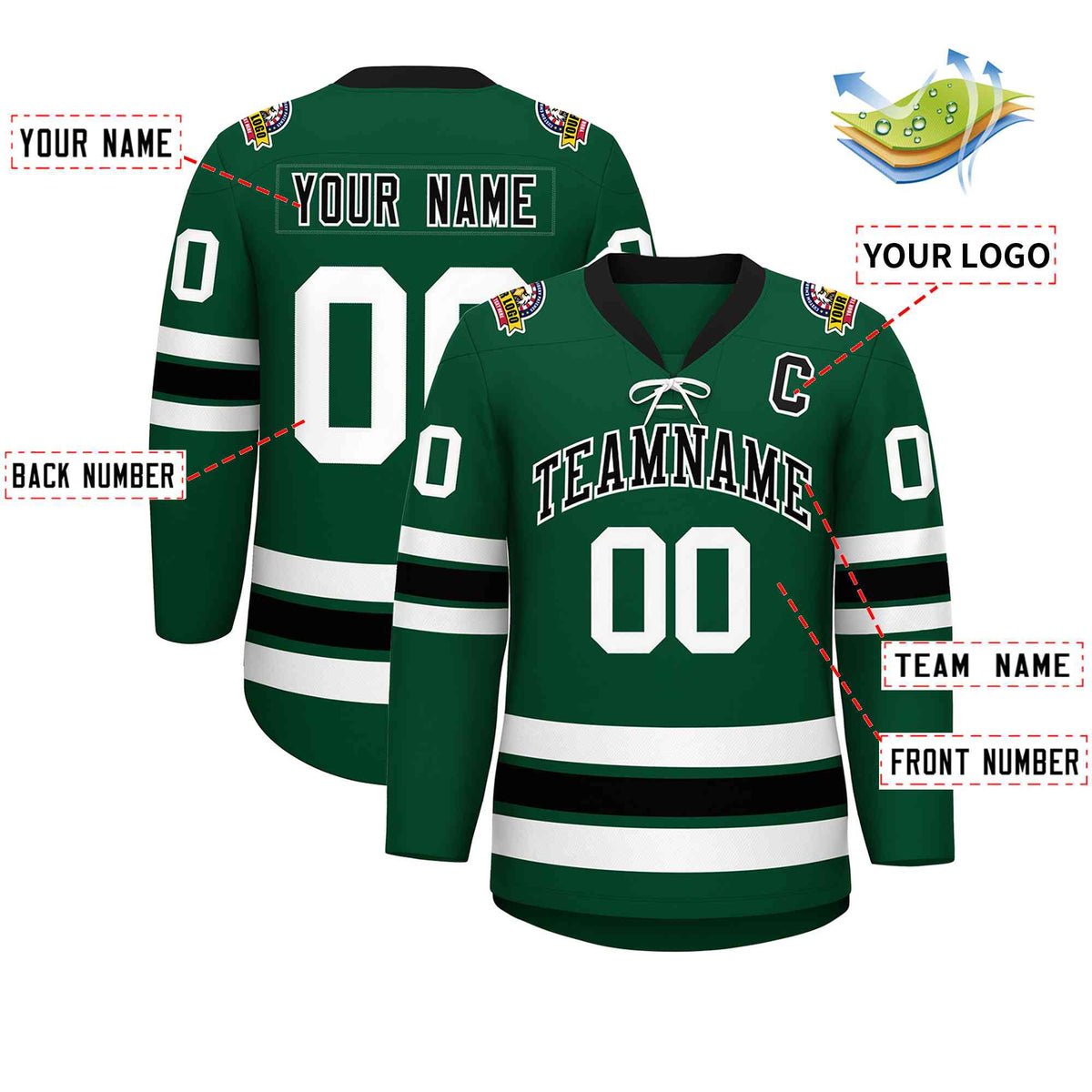Custom Green Black-White Lace-Up Neck Hockey Jersey | KXKSHOP
