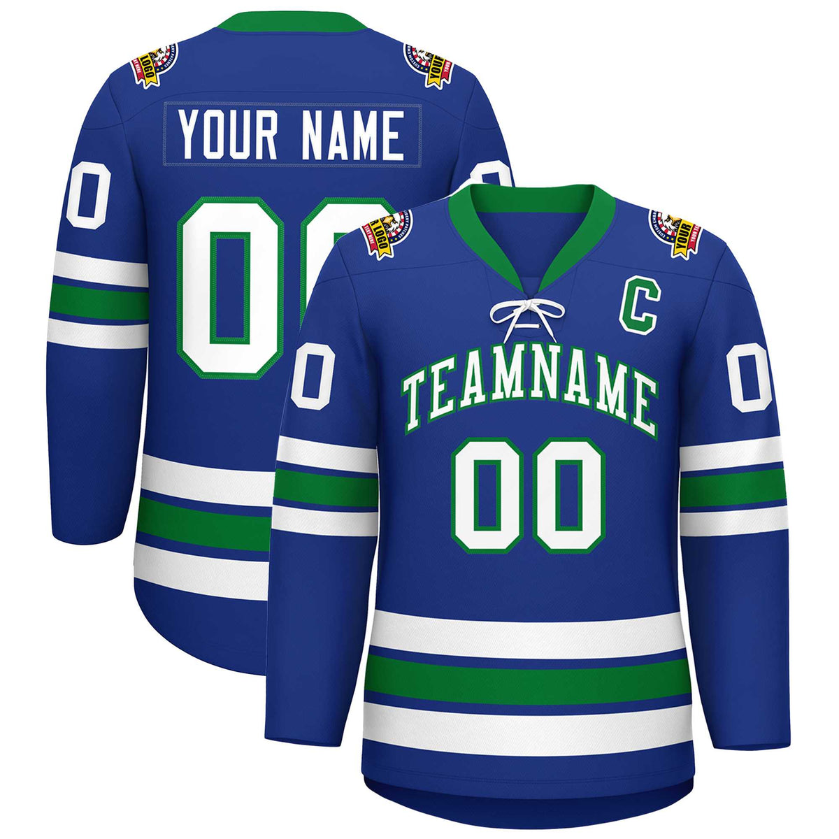 Custom Royal White-Kelly Green Lace-Up Neck Hockey Jersey | KXKSHOP