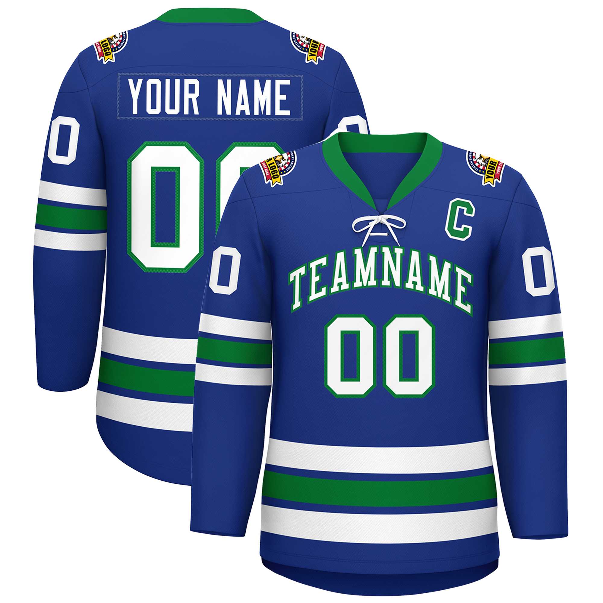 Custom Royal White-Kelly Green Lace-Up Neck Hockey Jersey | KXKSHOP