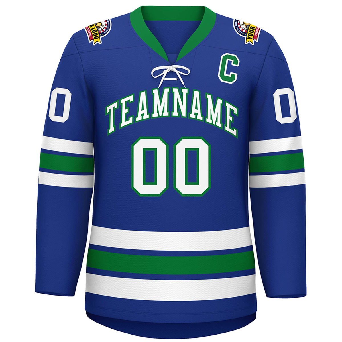 Custom Royal White-Kelly Green Lace-Up Neck Hockey Jersey | KXKSHOP