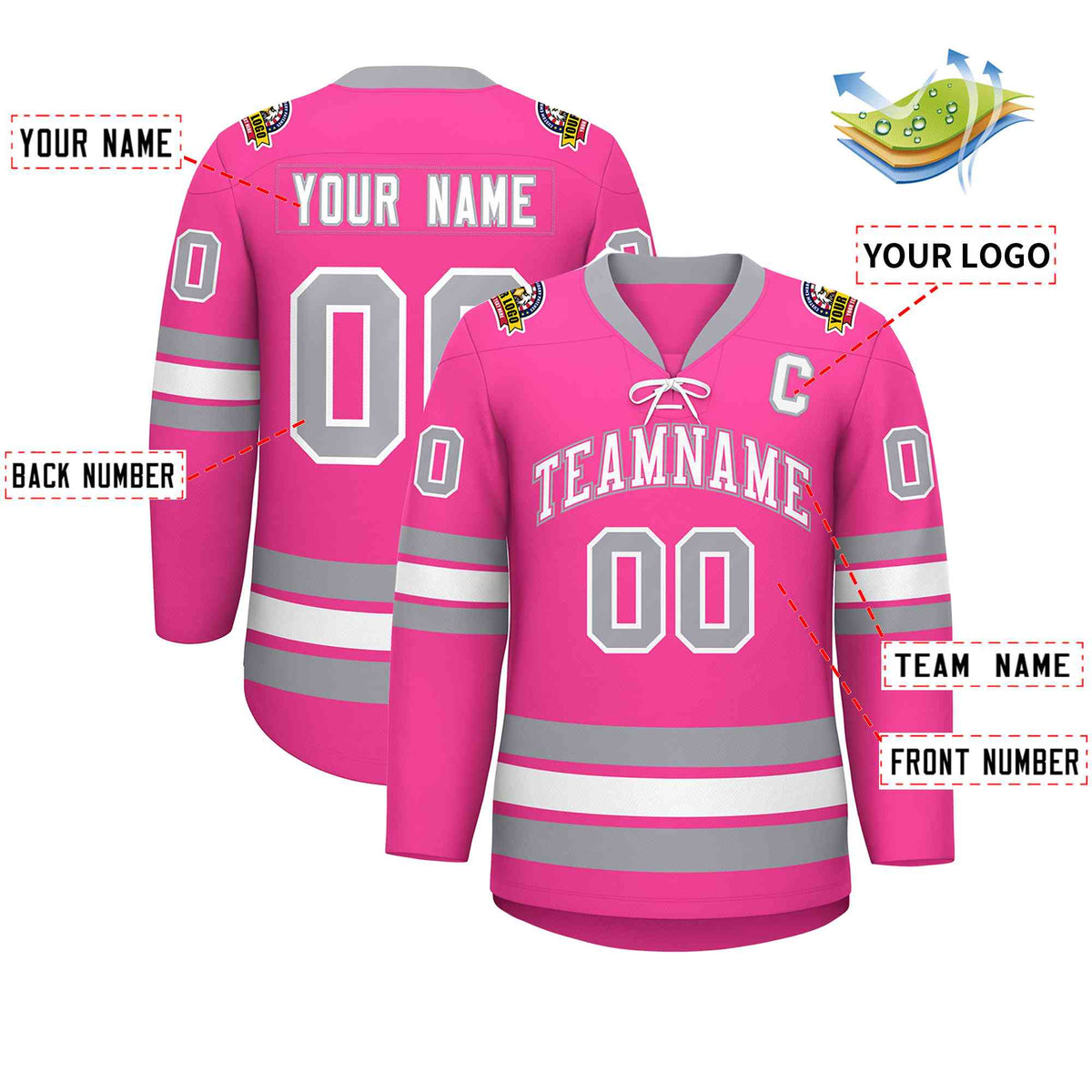 Custom Pink White-Gray Lace-Up Neck Hockey Jersey | KXKSHOP